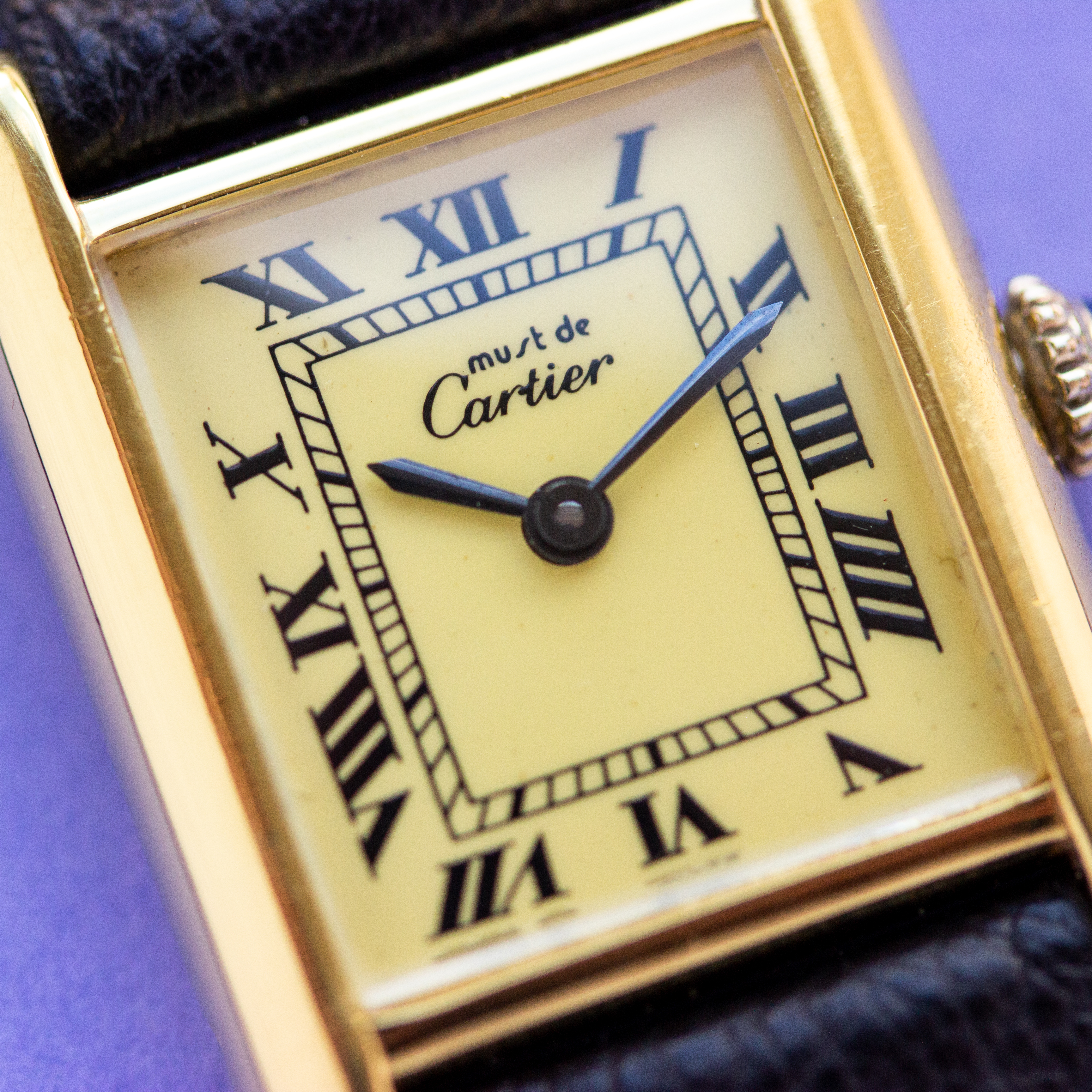 View of Cartier Must de Tank Vermeil Roman Lemon Dial