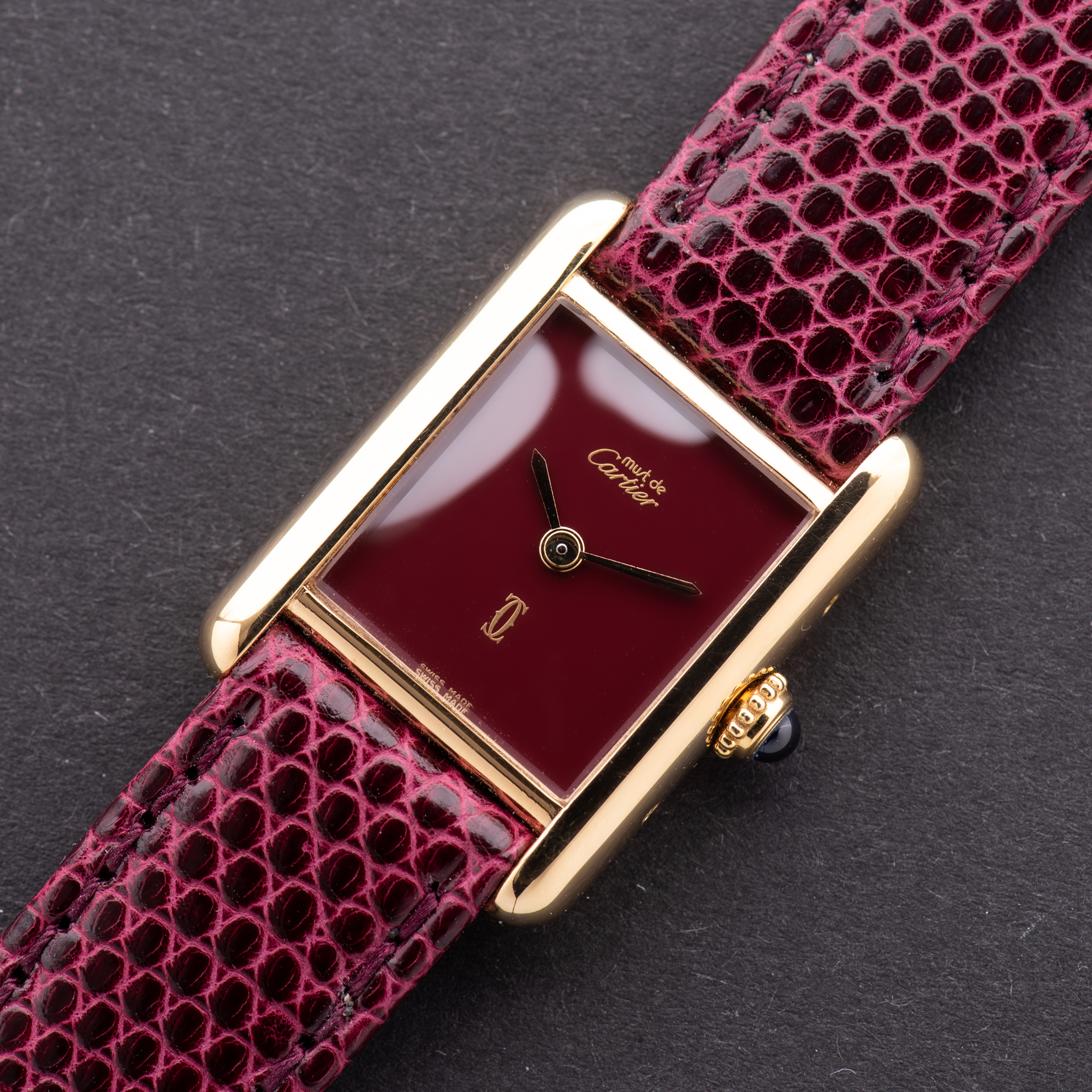 View of Cartier Tank De Must Vermeil Small Bordeau PM with Papers 1988 Ref 3 66001