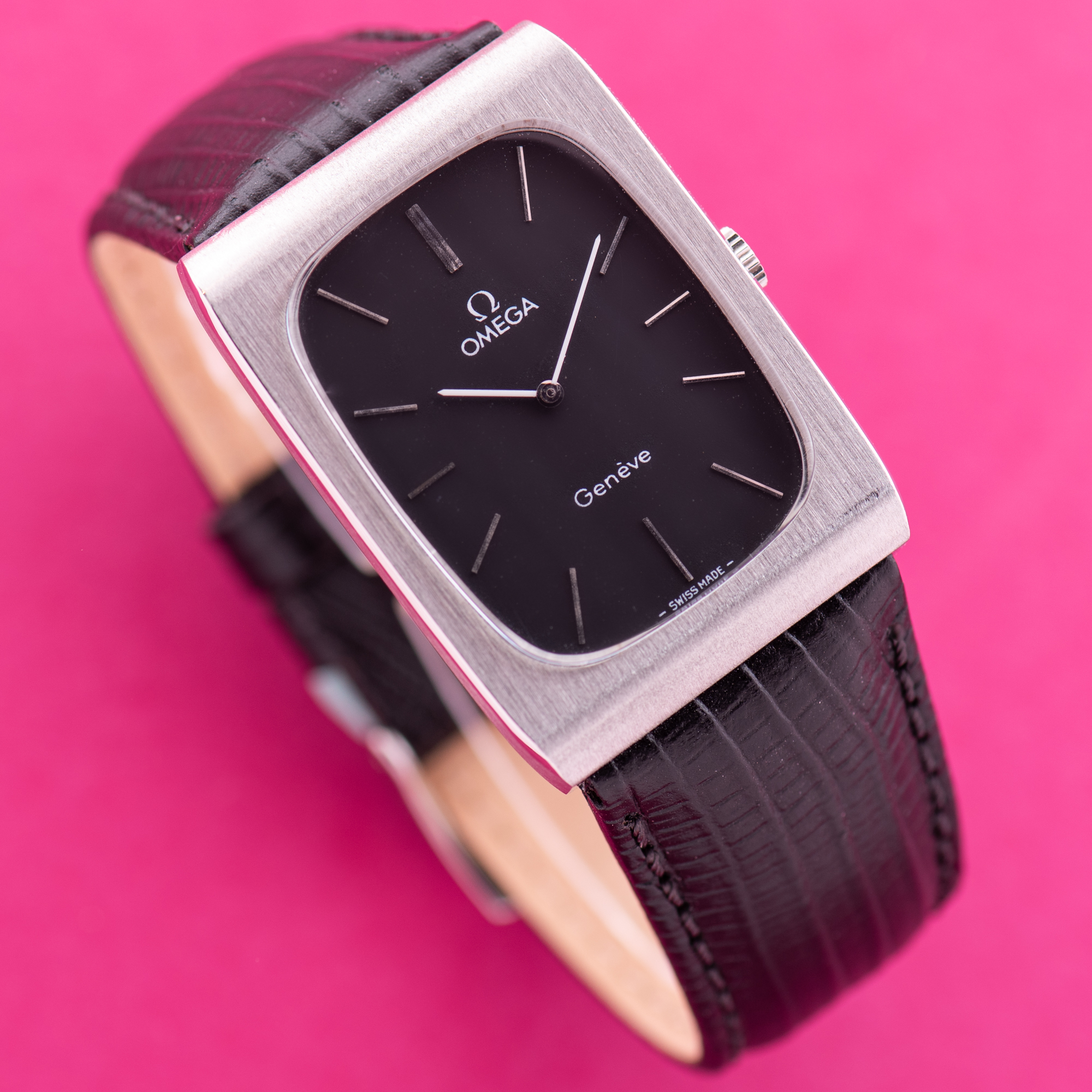 View of Omega Geneva Oversize Tank Rectangular Black dial matt Ref 111.0116