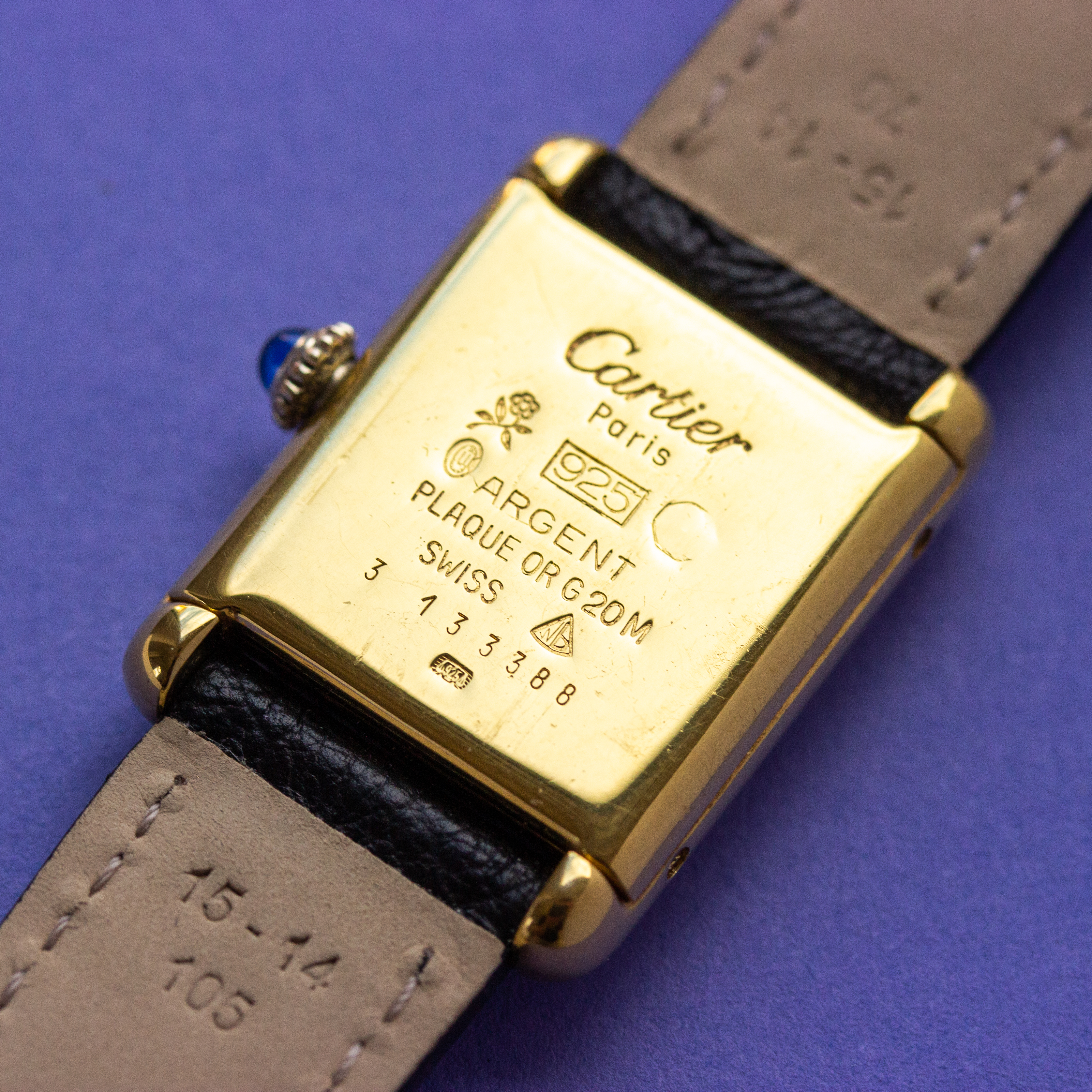 View of Cartier Must de Tank Vermeil Roman Lemon Dial