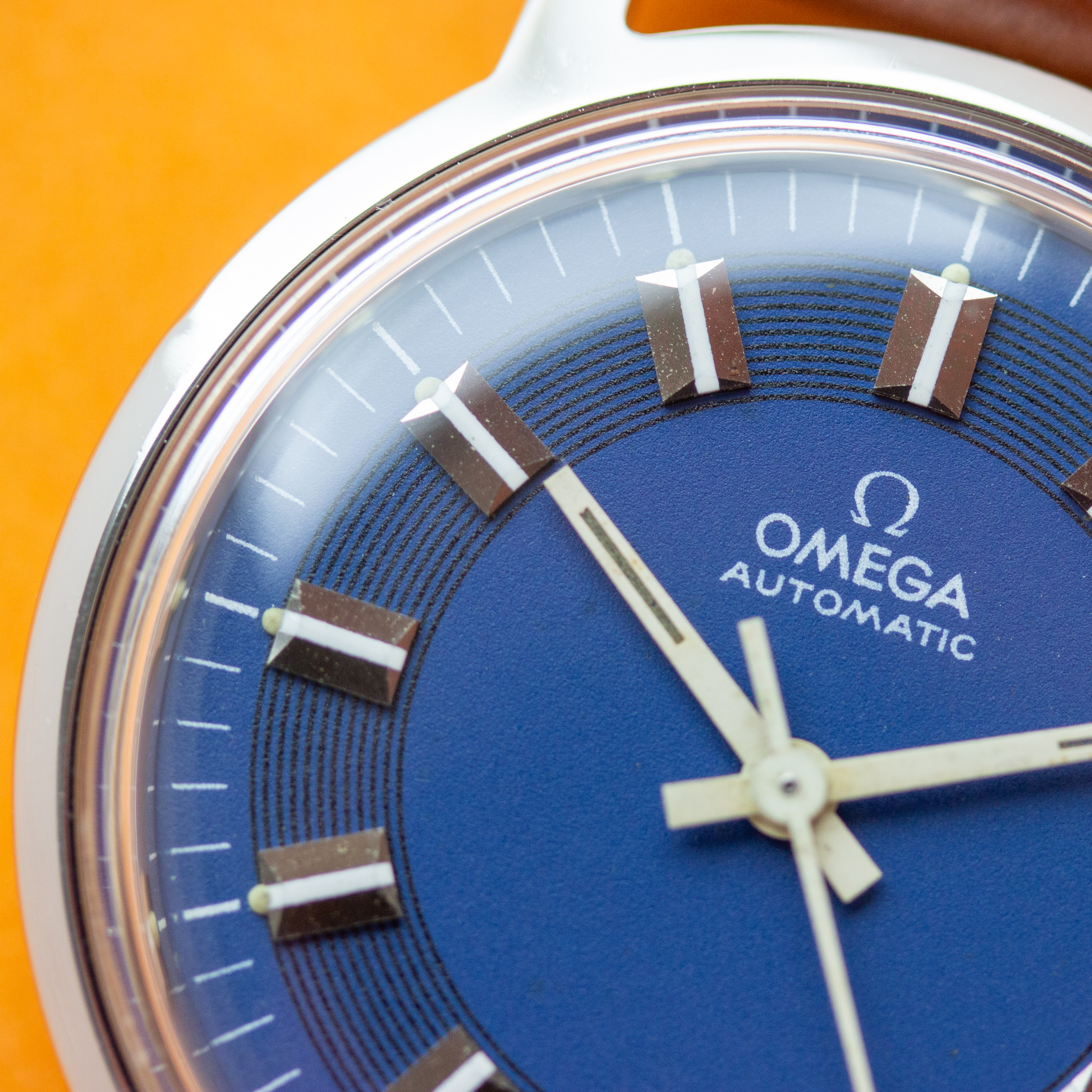 View of Omega Automatic Blue Rare Bullseye Dial Ref 166.0098