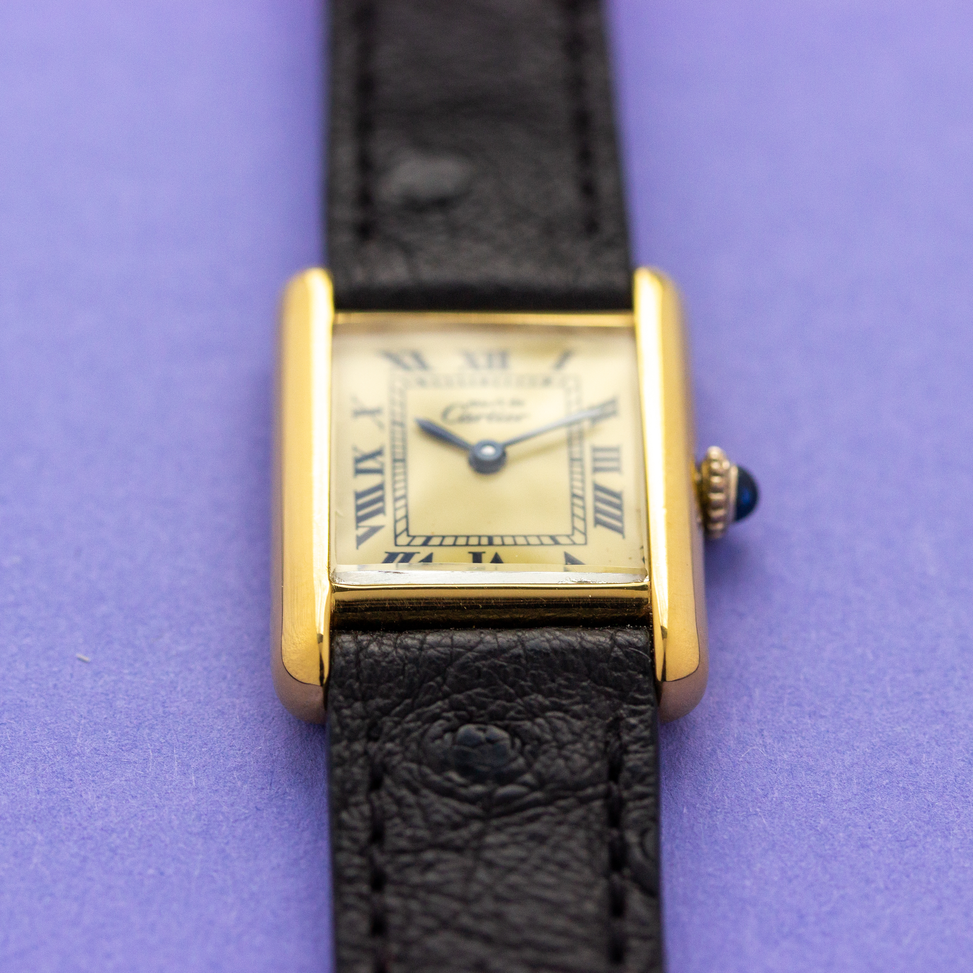 View of Cartier Must de Tank Vermeil Roman Lemon Dial