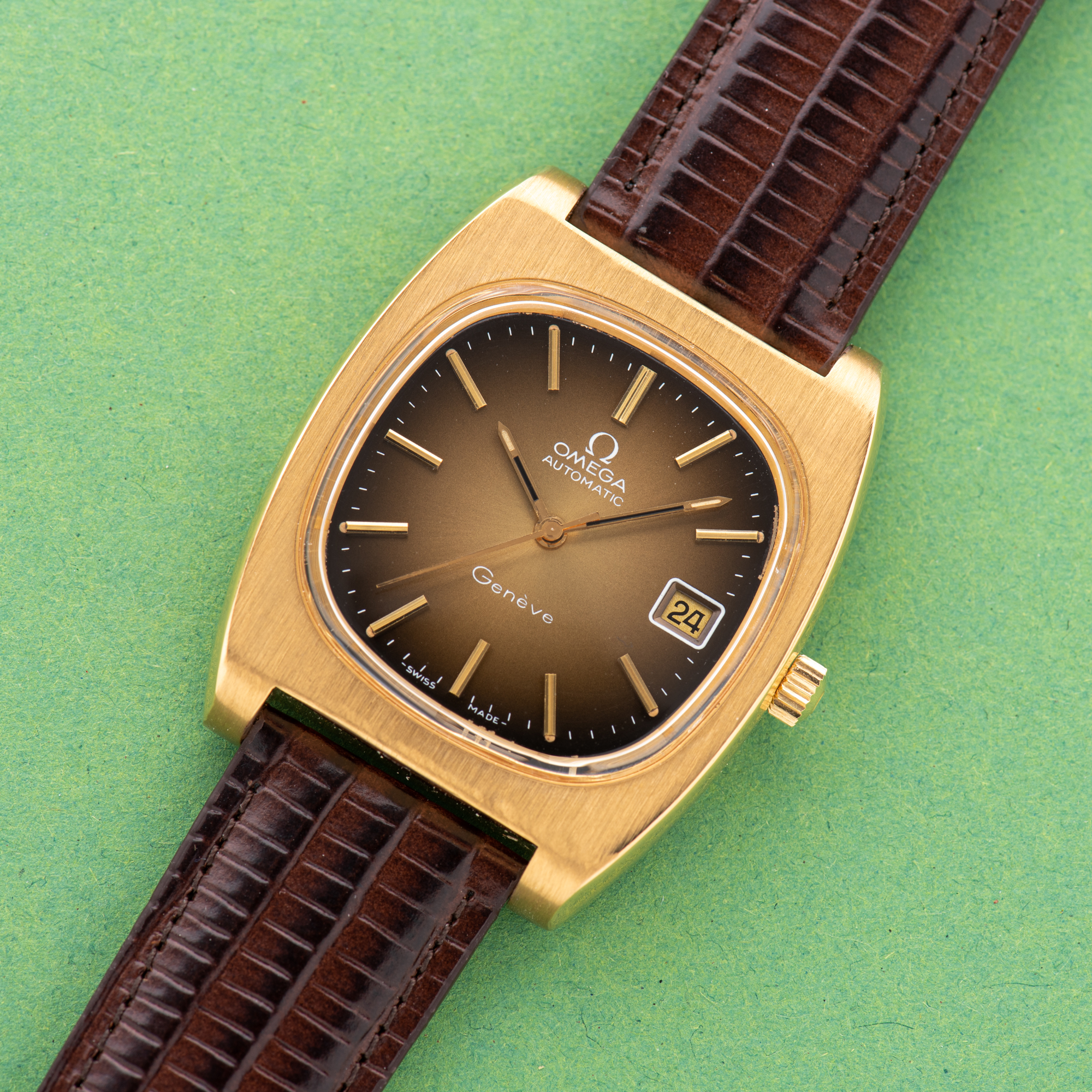 View of Omega Geneva Automatic Date Brown Vignette From 1974 Ref 166.0190