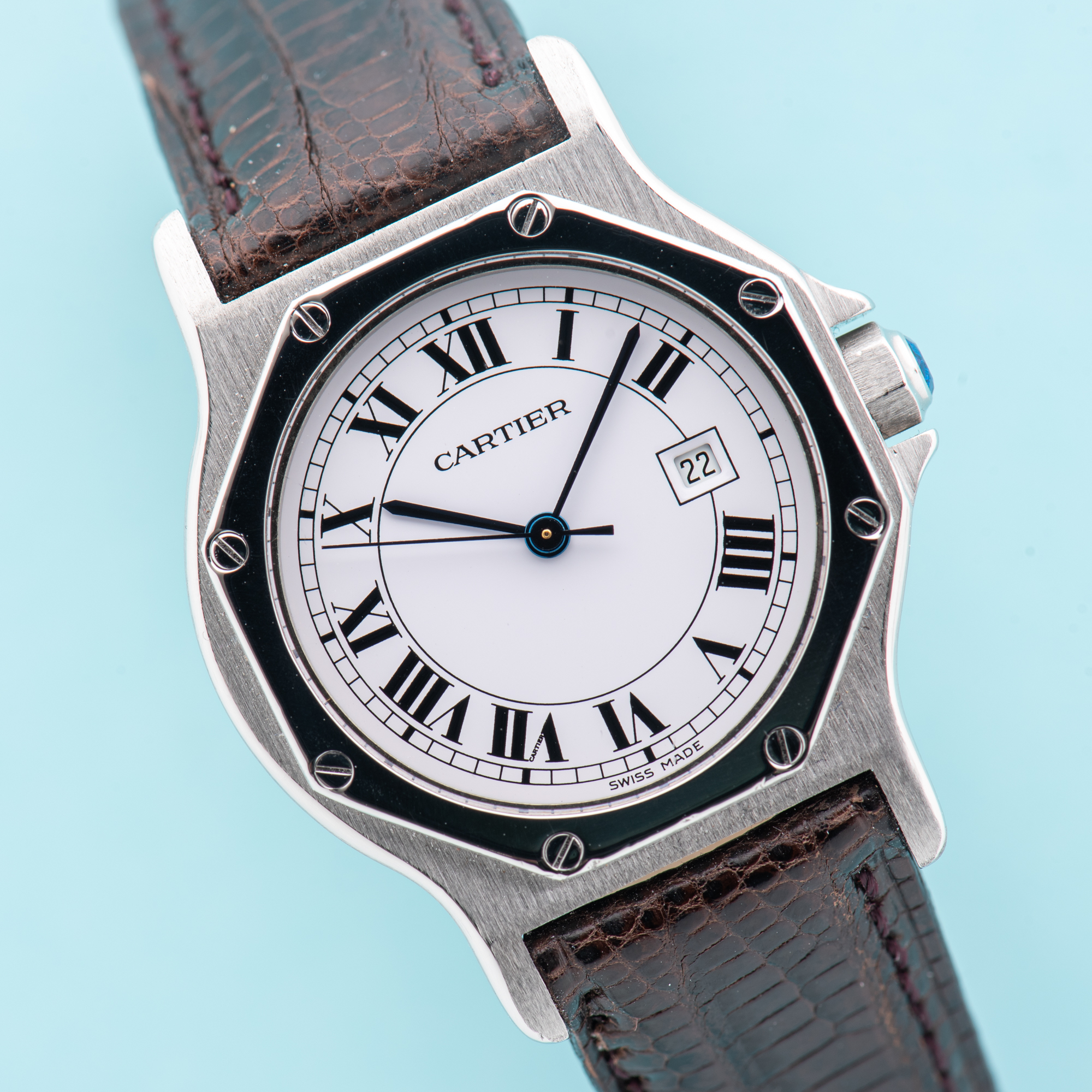 View of Cartier Santos Octagon Roman Dial Ref 2965