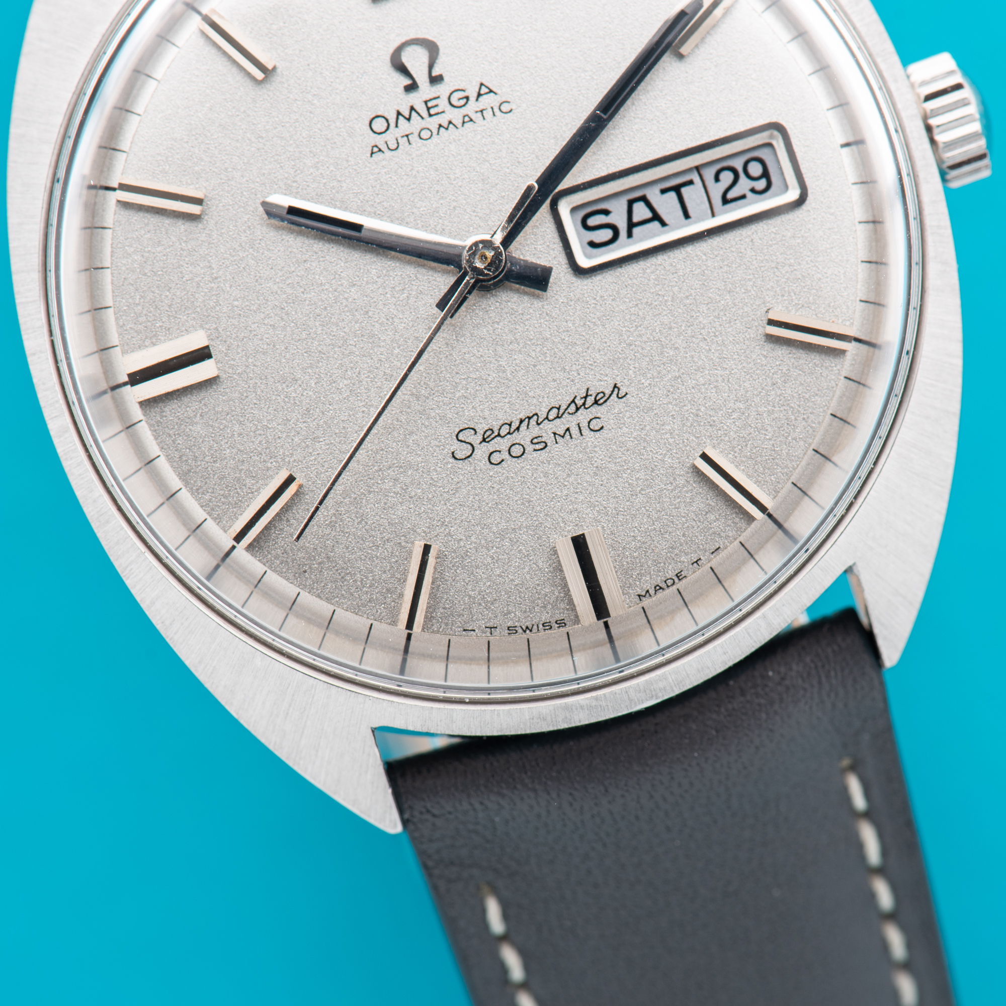 View of Omega Seamaster Cosmic Day Date Automatic Star Dust Dial cal 752 Ref 166.036