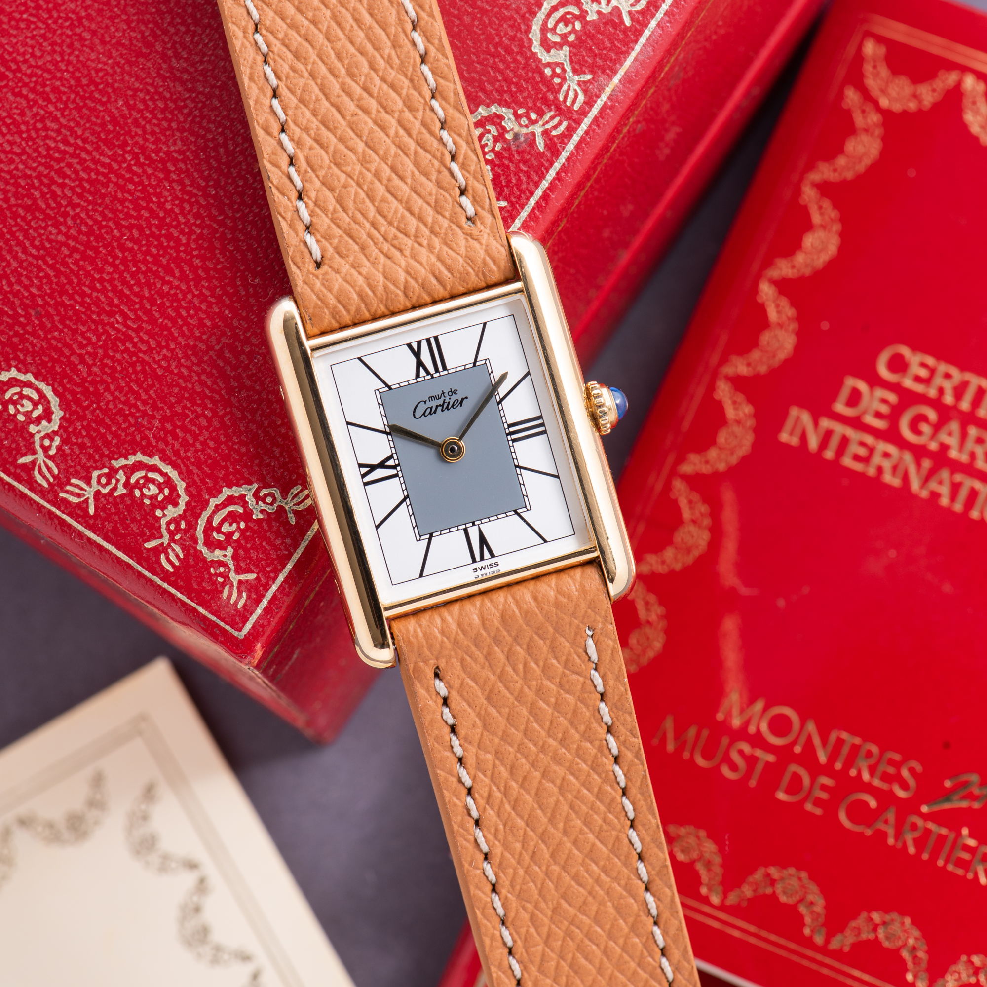 View of Cartier Tank De Must Vermeil Grand Large Model Full Set Réf 590005