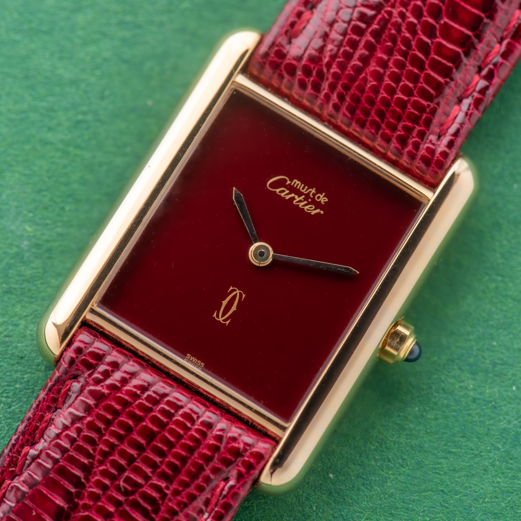 View of Cartier Tank De Must Vermeil Grand Model Bordeau Burgundy RedGM 1988 Ref 681006