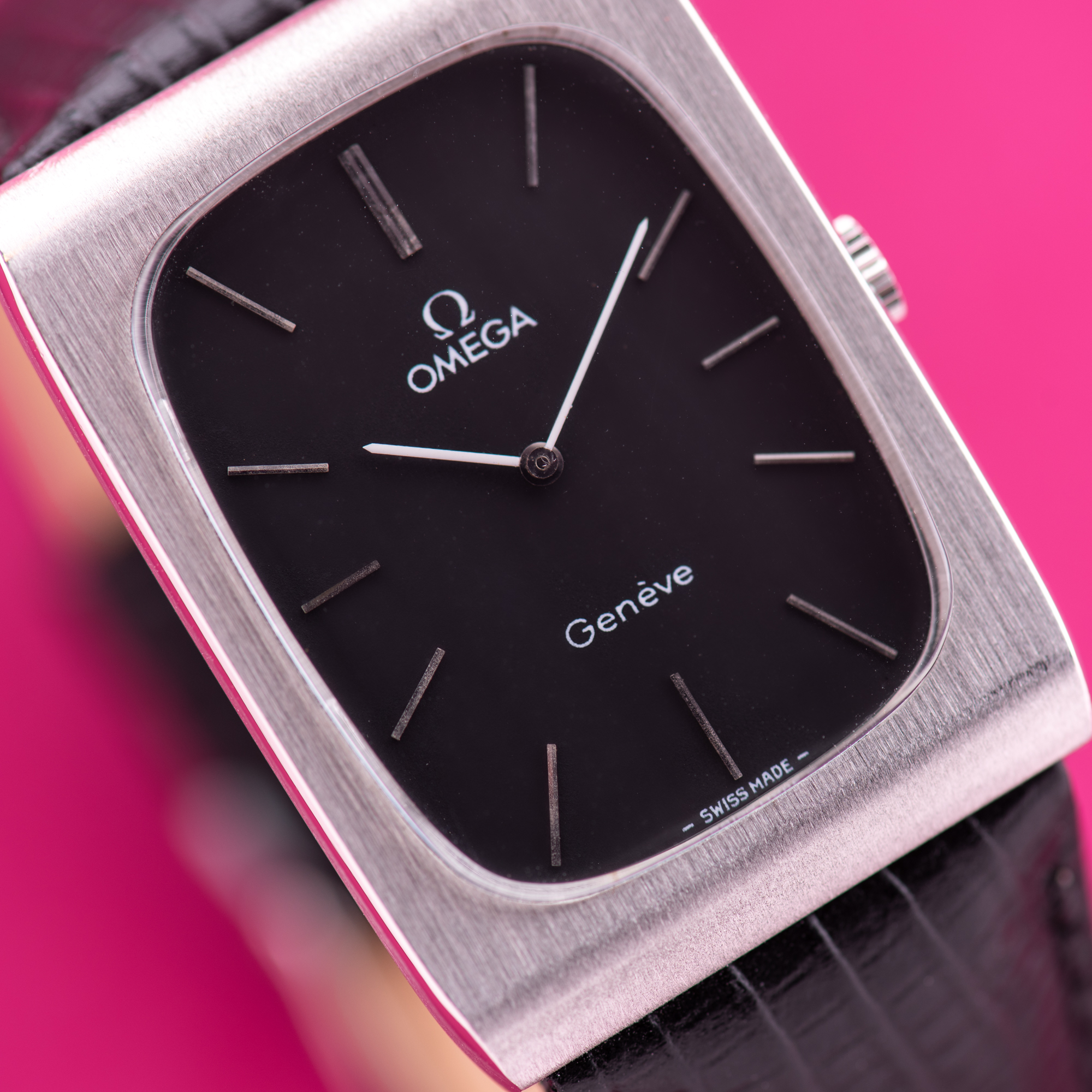 View of Omega Geneva Oversize Tank Rectangular Black dial matt Ref 111.0116