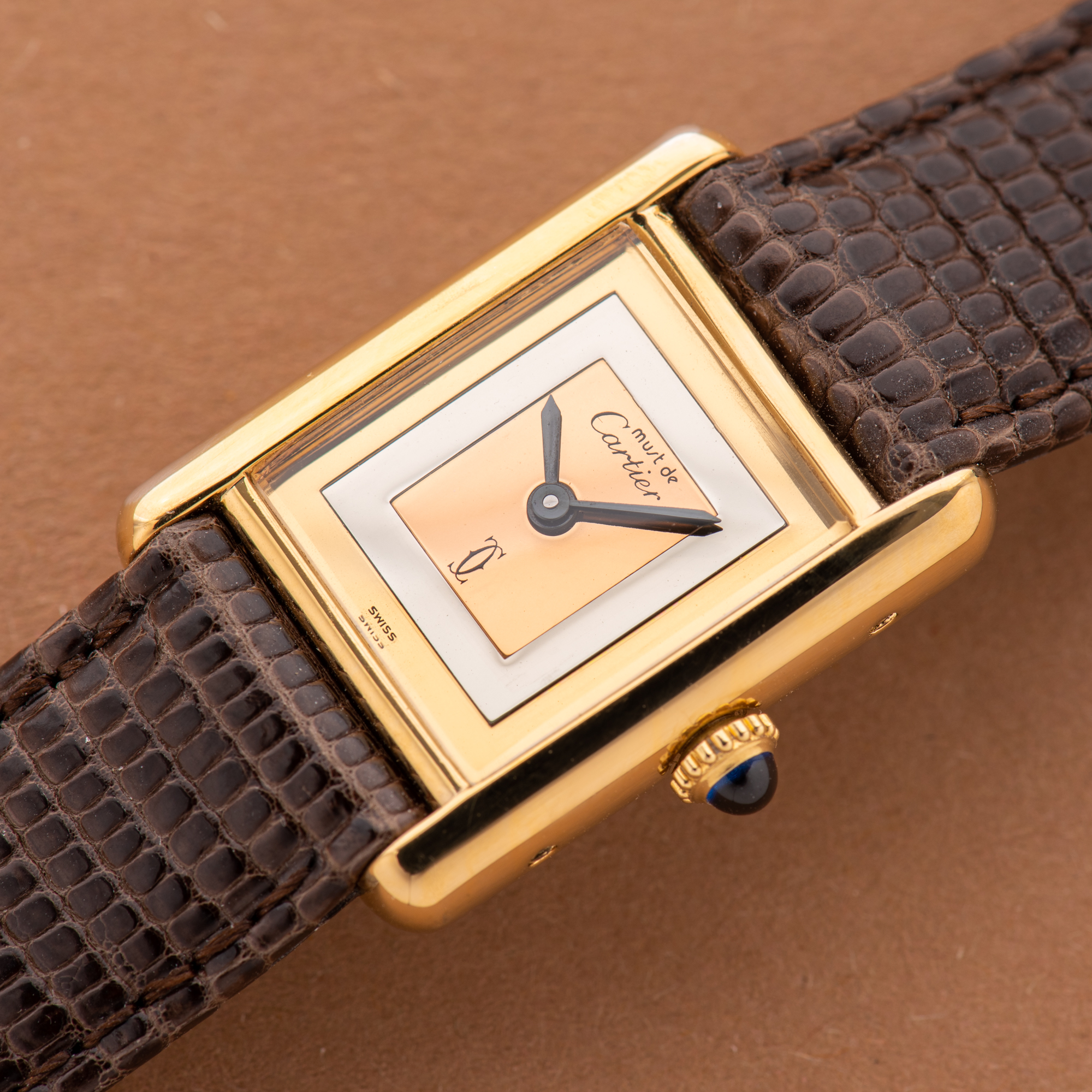 View of Cartier Must de Tank de Must Vermeil PM Trinity Dial