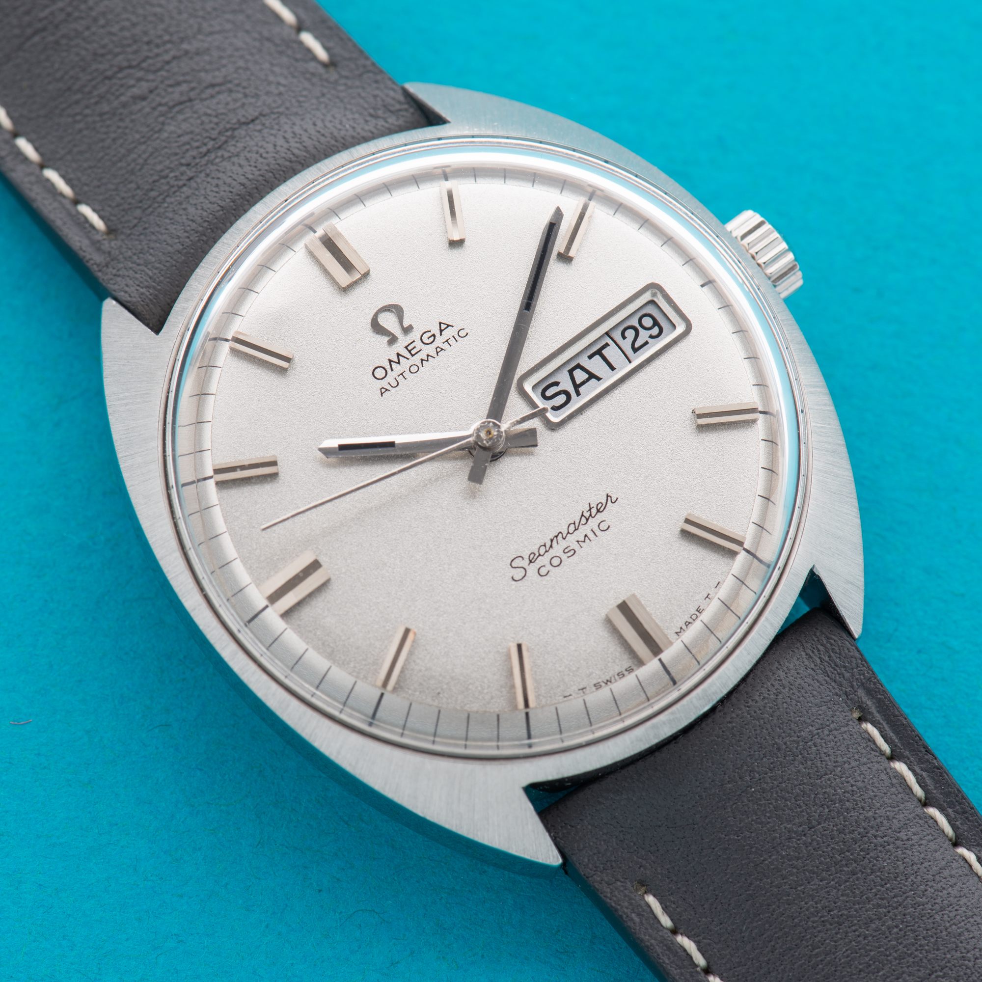View of Omega Seamaster Cosmic Day Date Automatic Star Dust Dial cal 752 Ref 166.036