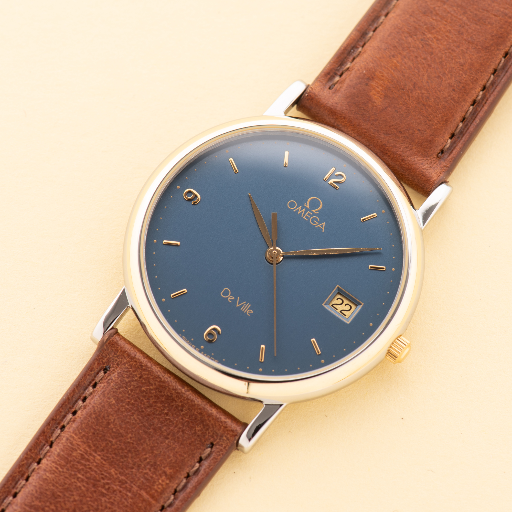 View of Omega de Ville Quartz Gold Steel Blue Dial Ref 196 2430