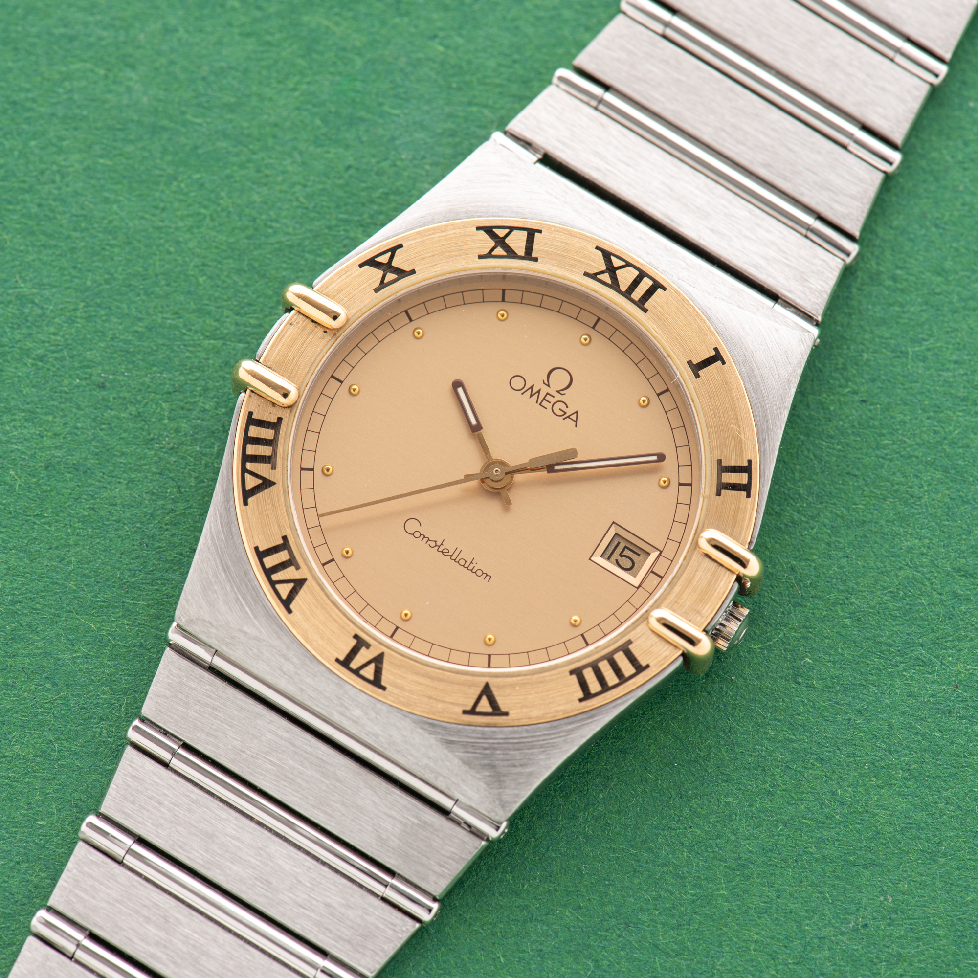 View of Omega Constellation 18K Gold Bezel Date From 1991 Ref 396.1080 Full set