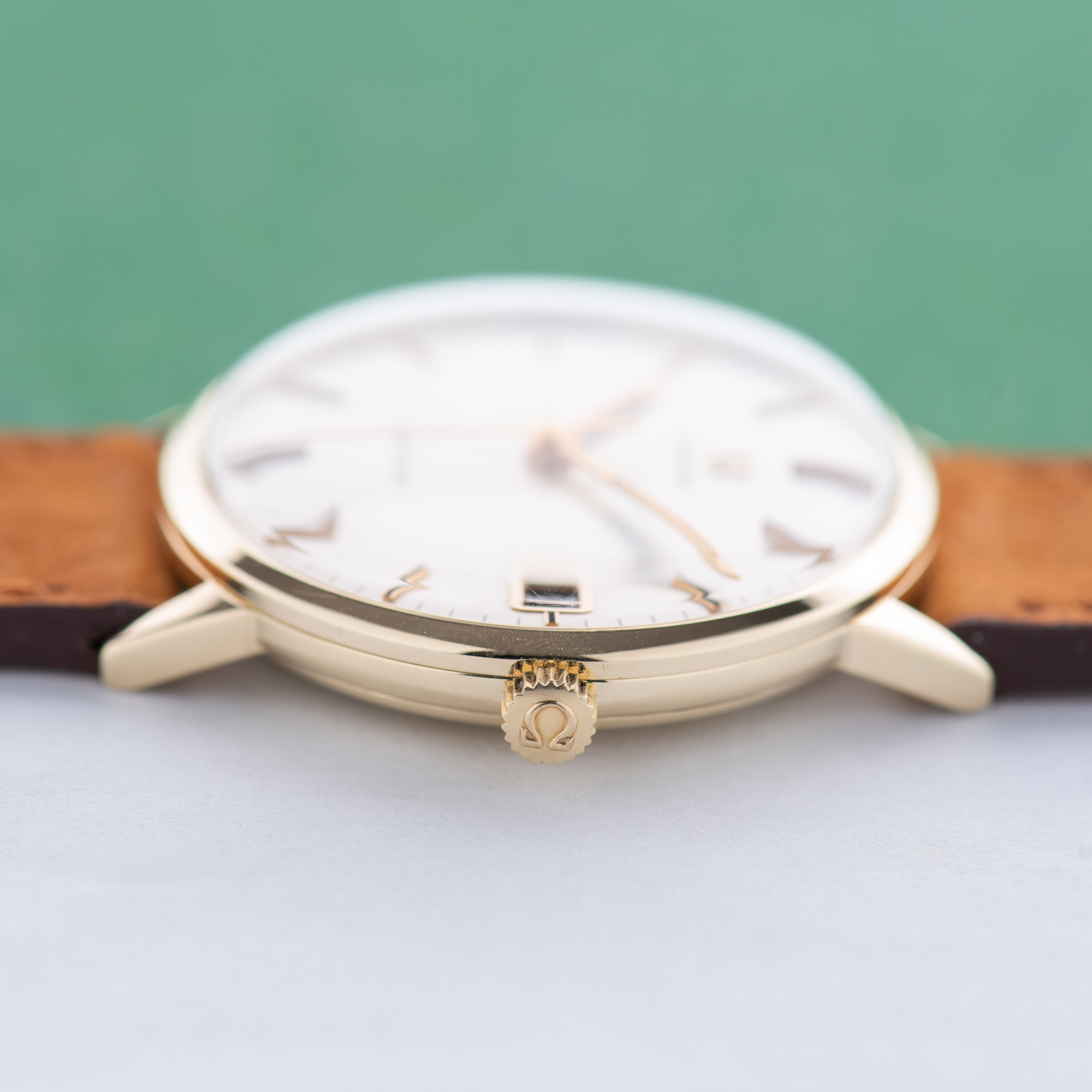 View of Omega Geneva Date Dress Watch 14K Yellow Gold from 1969 Ref 131.041