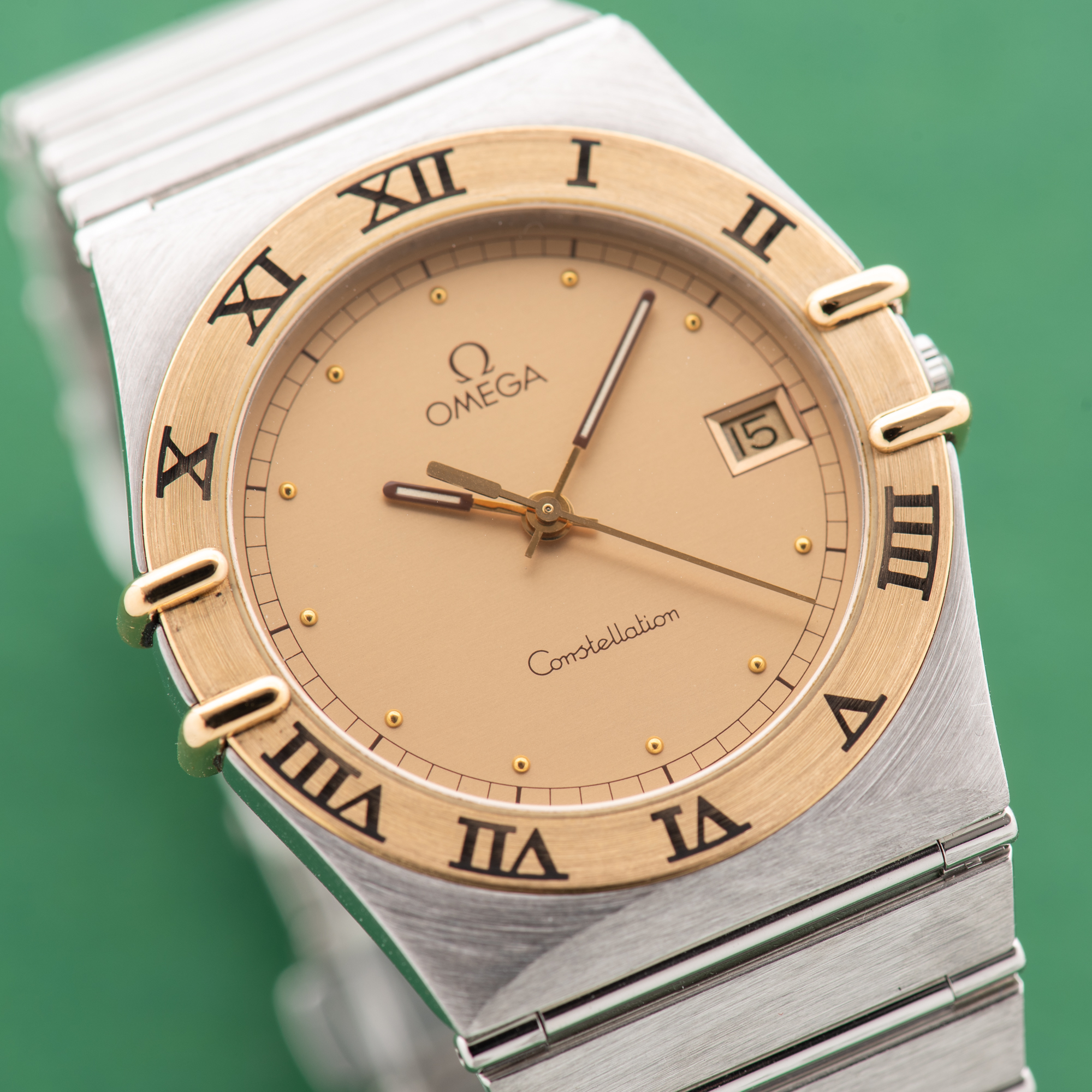 View of Omega Constellation 18K Gold Bezel Date From 1991 Ref 396.1080 Full set