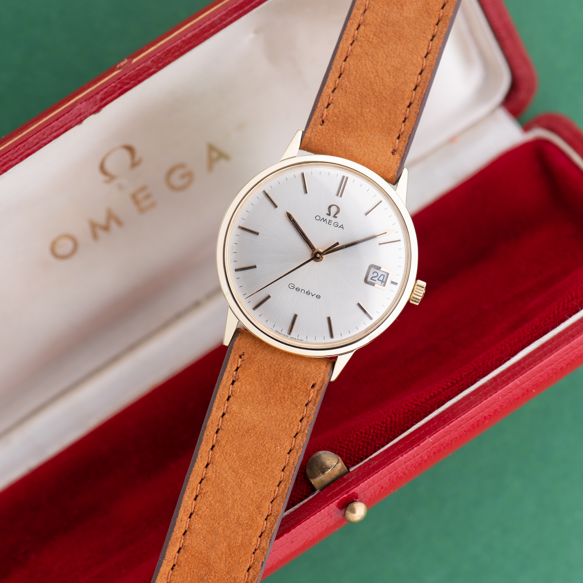 View of Omega Geneva Date Dress Watch 14K Yellow Gold from 1969 Ref 131.041