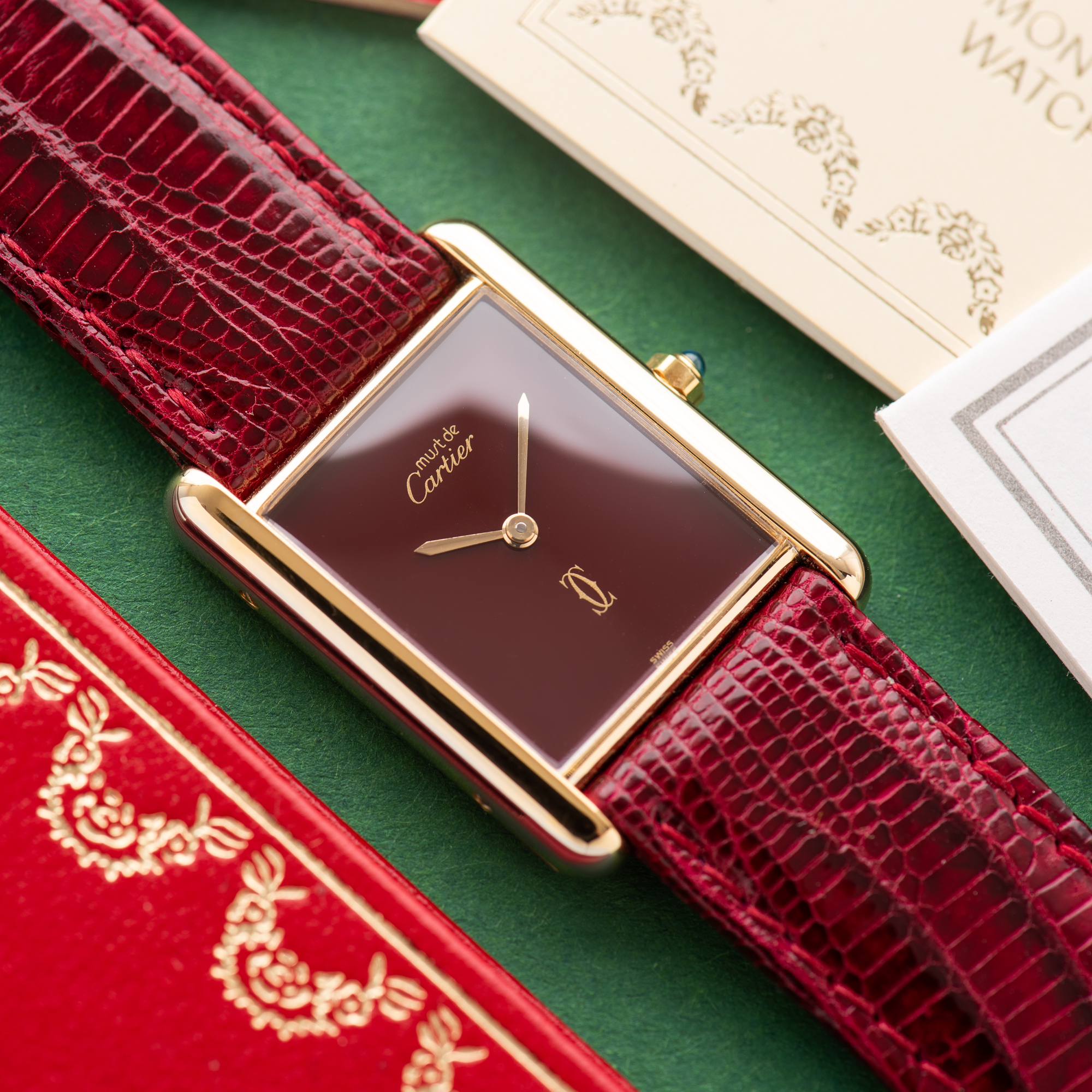 View of Cartier Tank De Must Vermeil Grand Model Bordeau Burgundy RedGM 1988 Ref 681006