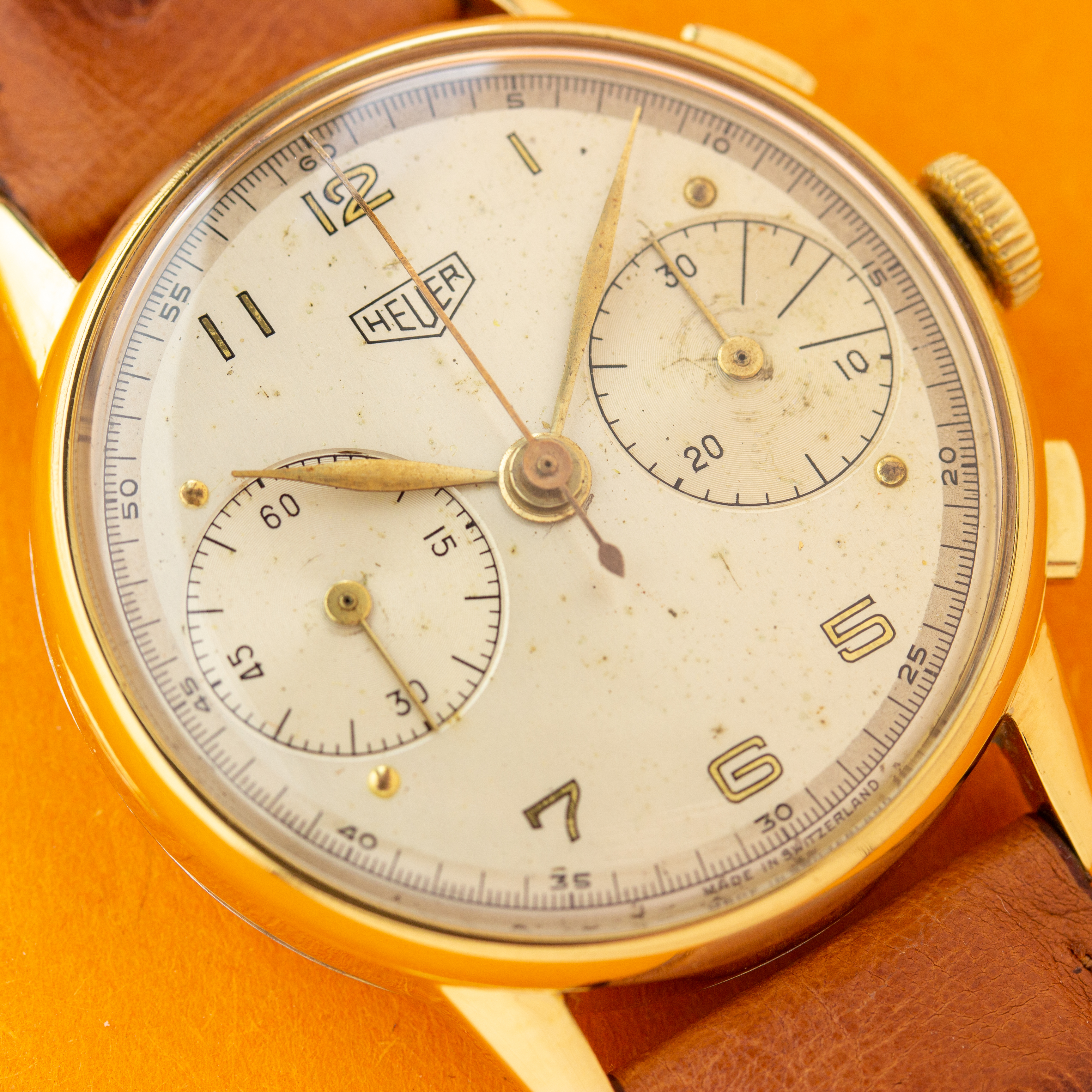 View of Heuer Big Eyes Pre Carrera Chronograph from 1950 réf 418