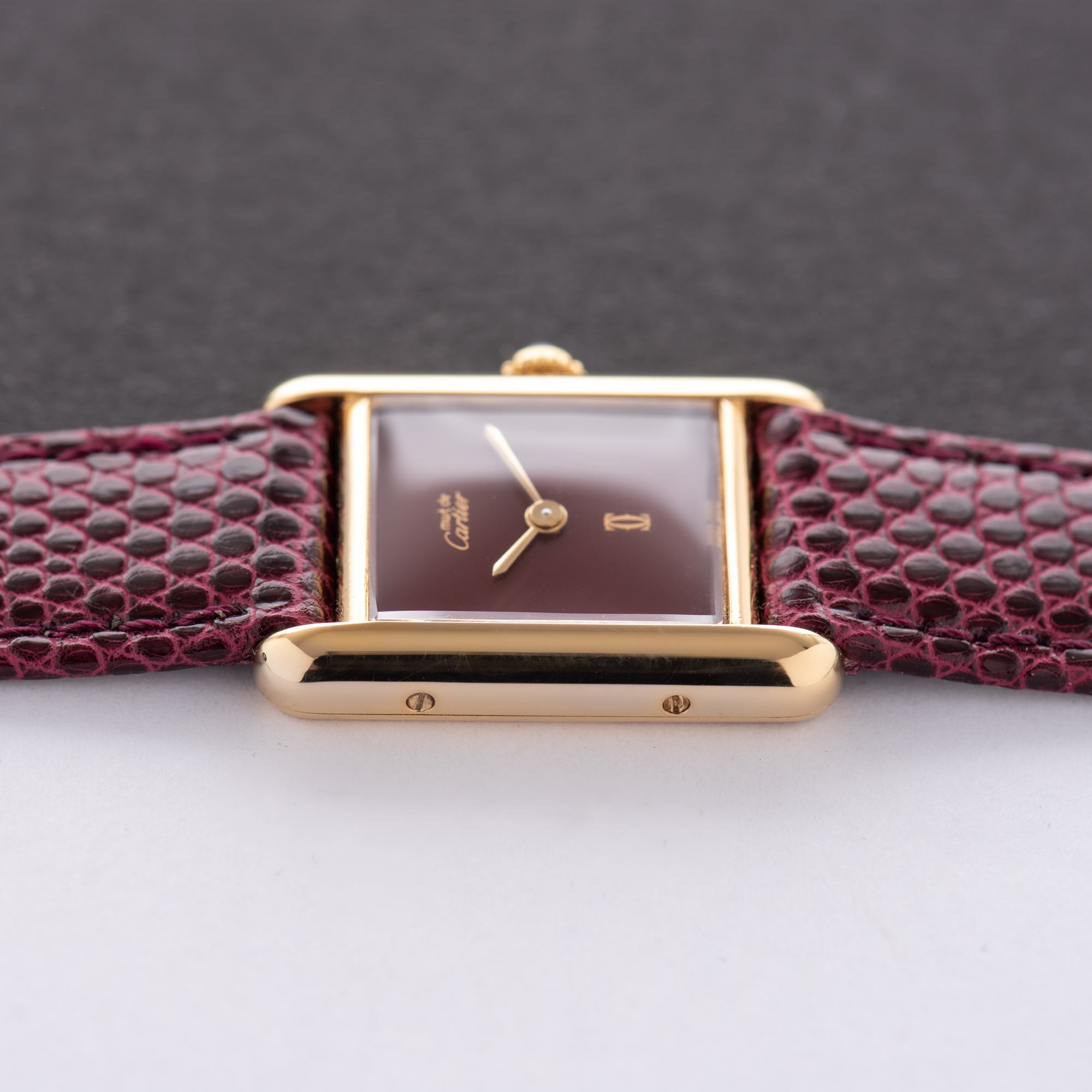 View of Cartier Tank De Must Vermeil Small Bordeau PM with Papers 1988 Ref 3 66001