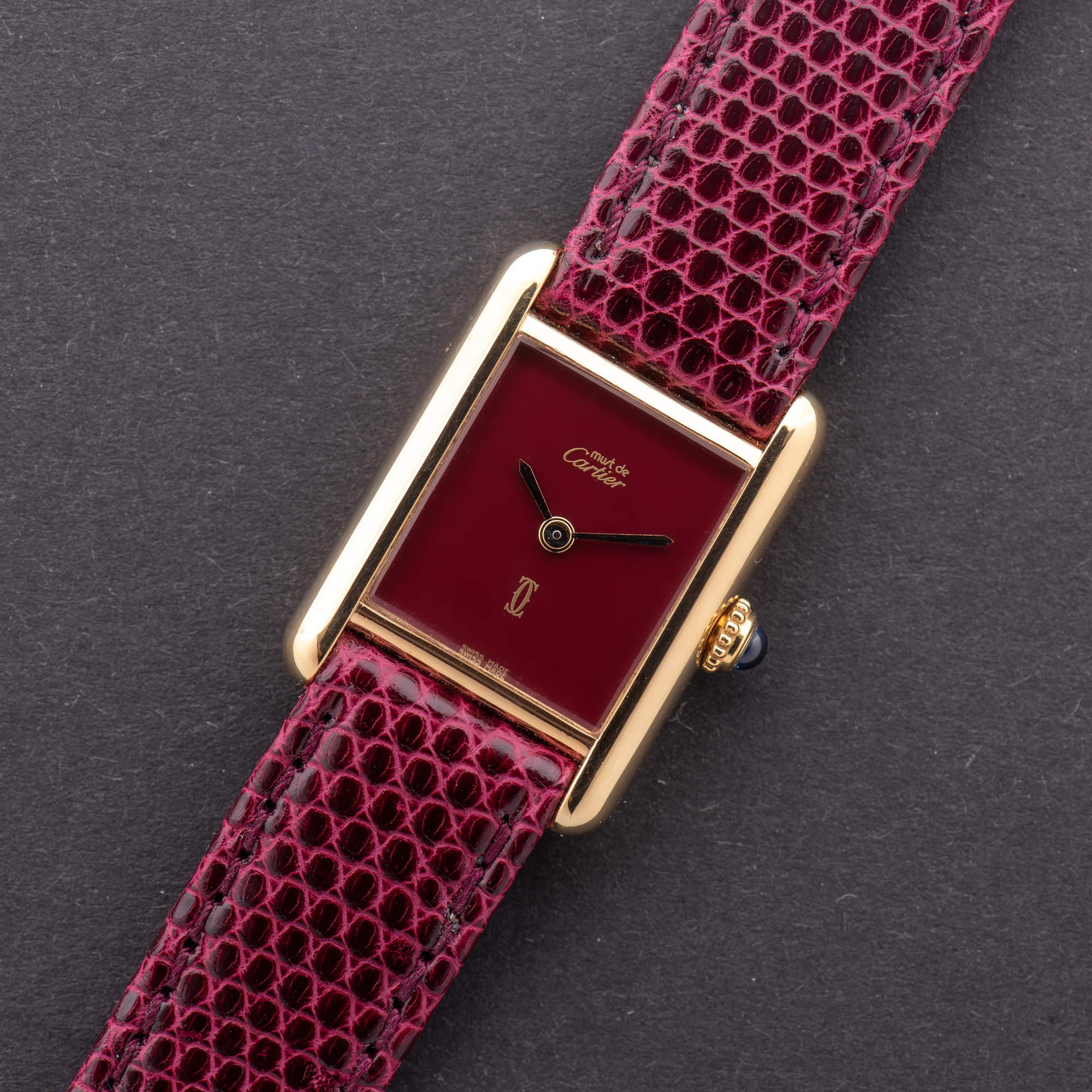 View of Cartier Tank De Must Vermeil Small Bordeau PM with Papers 1988 Ref 3 66001
