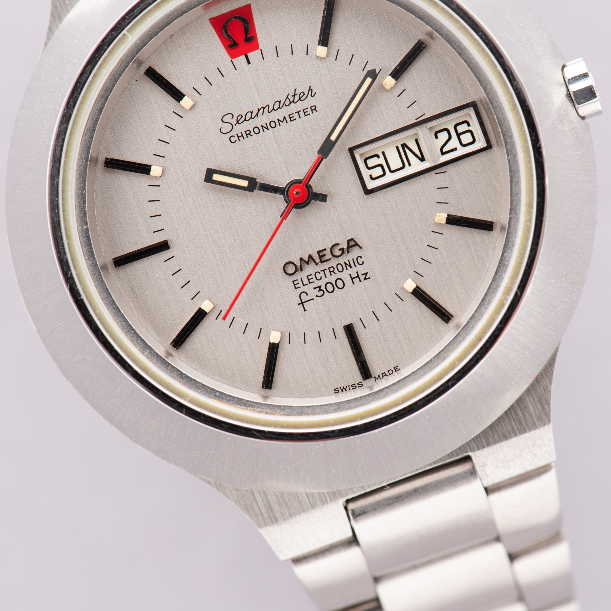View of Omega Seamaster Electronic Chronometer F300Hz DayDate Full Set 1974 Réf 198.0018