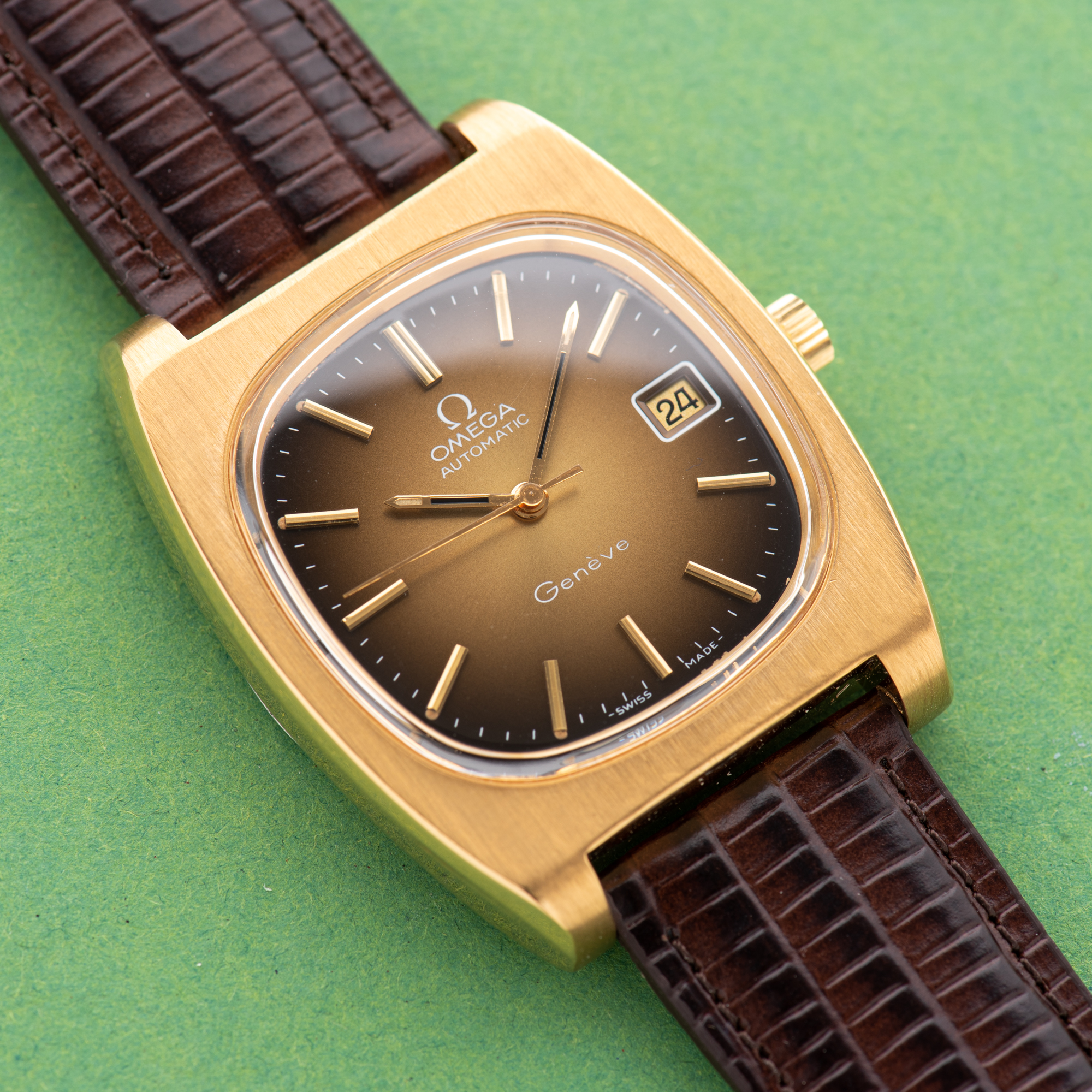 View of Omega Geneva Automatic Date Brown Vignette From 1974 Ref 166.0190