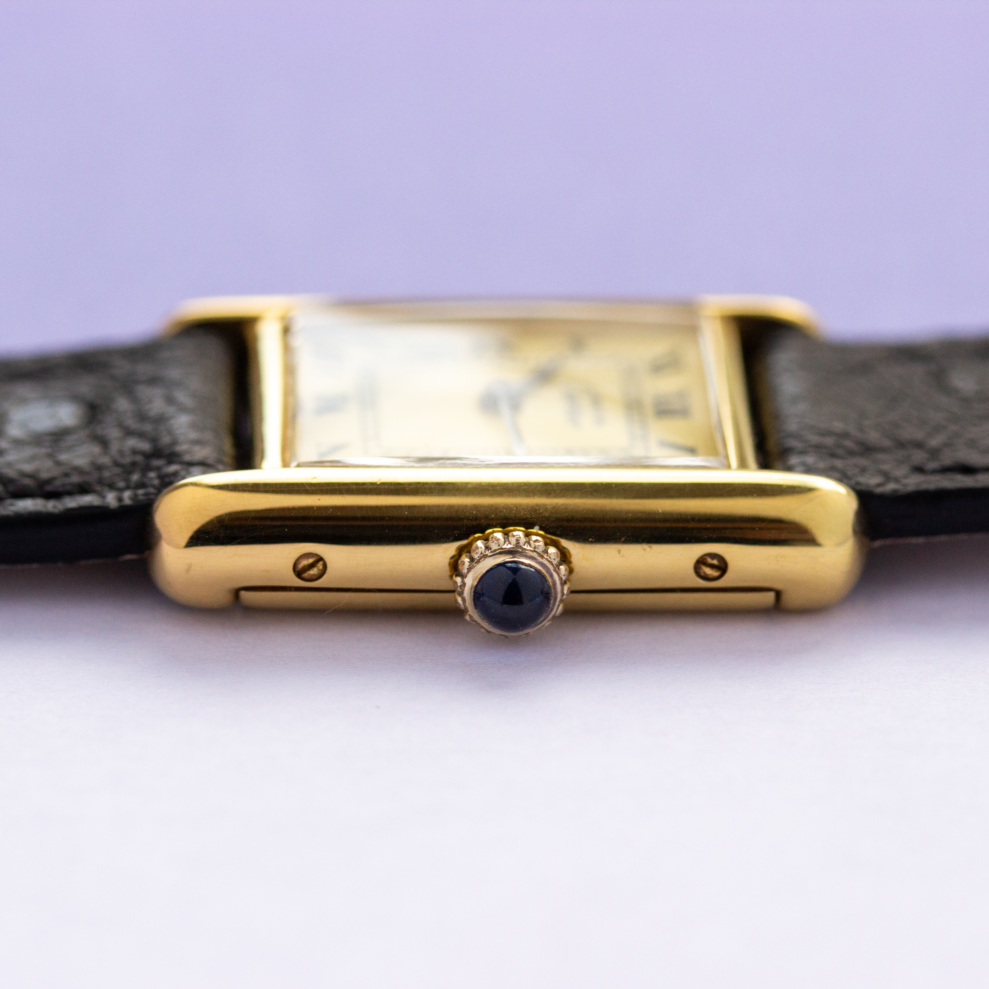 View of Cartier Must de Tank Vermeil Roman Lemon Dial