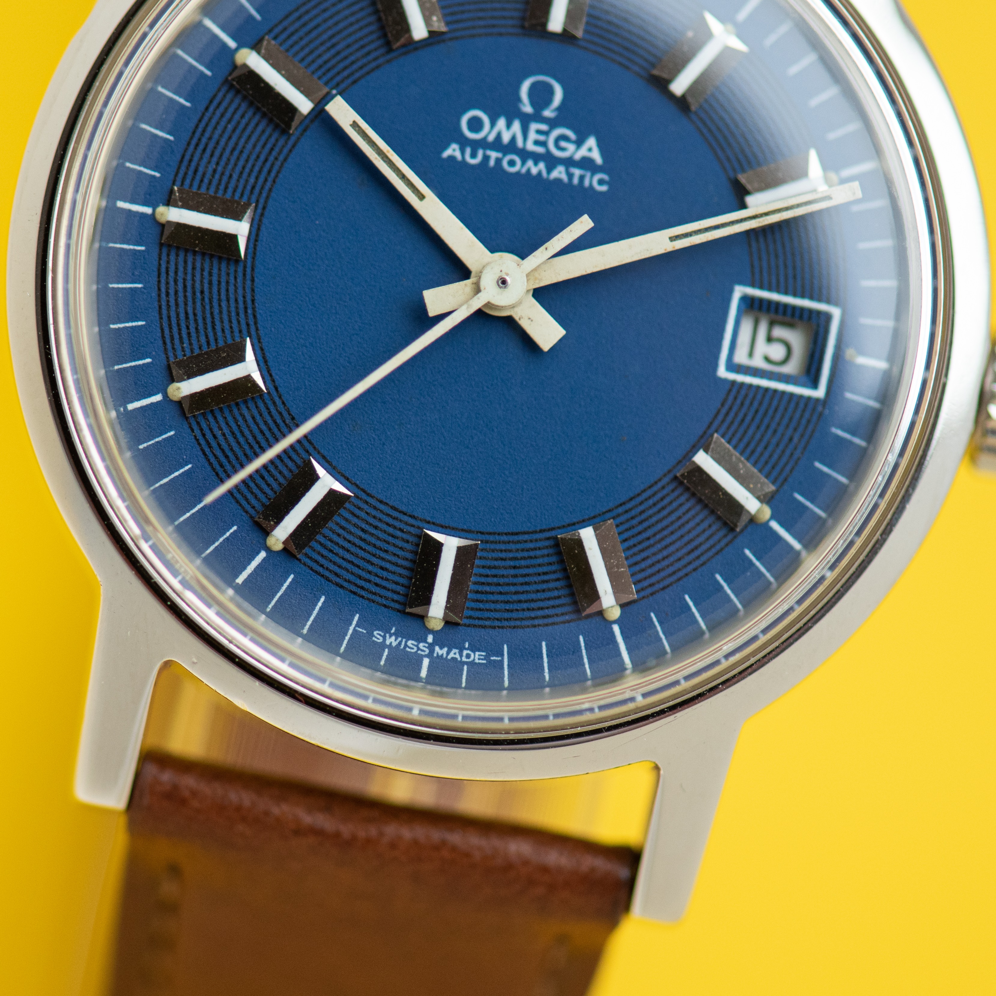 View of Omega Automatic Blue Rare Bullseye Dial Ref 166.0098