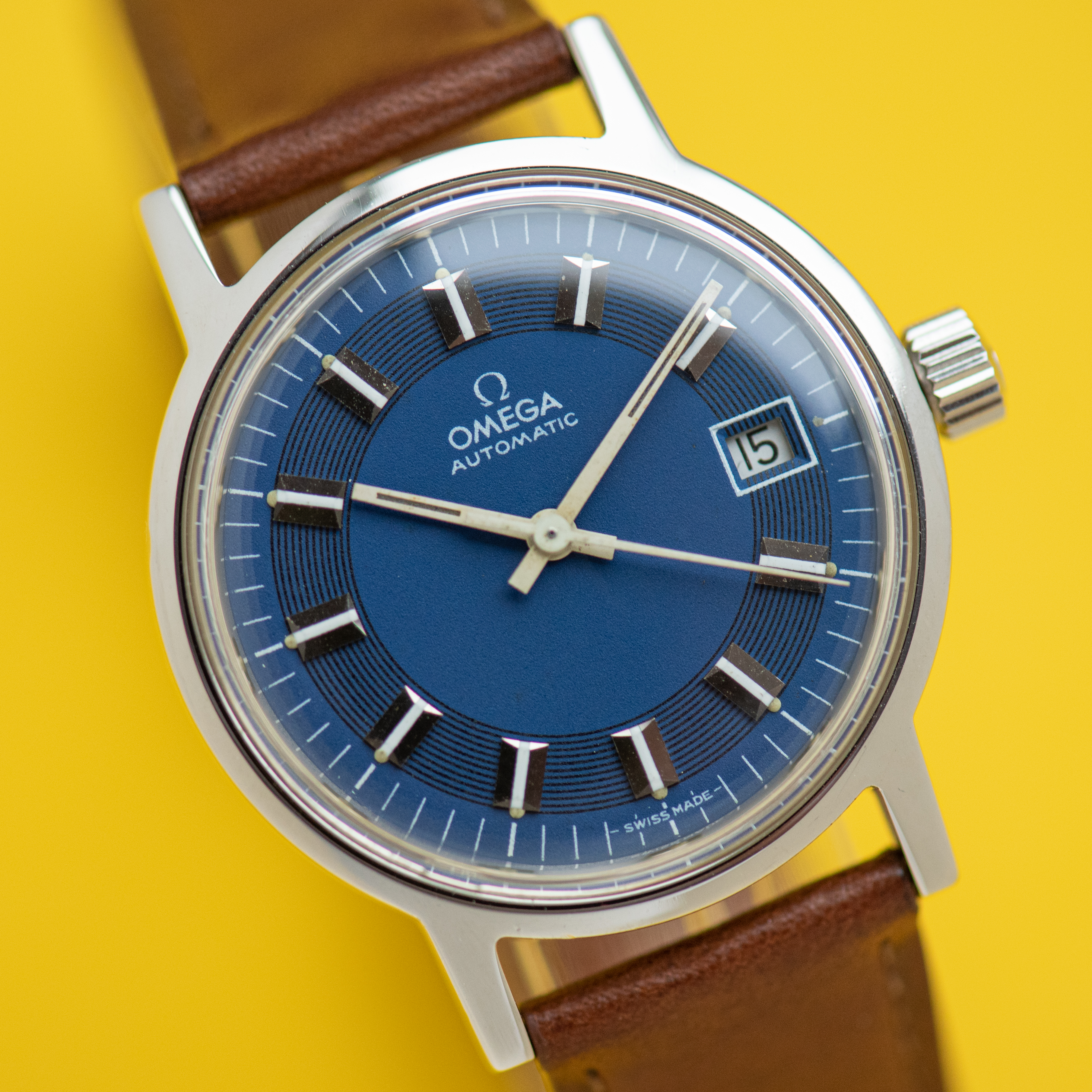 View of Omega Automatic Blue Rare Bullseye Dial Ref 166.0098