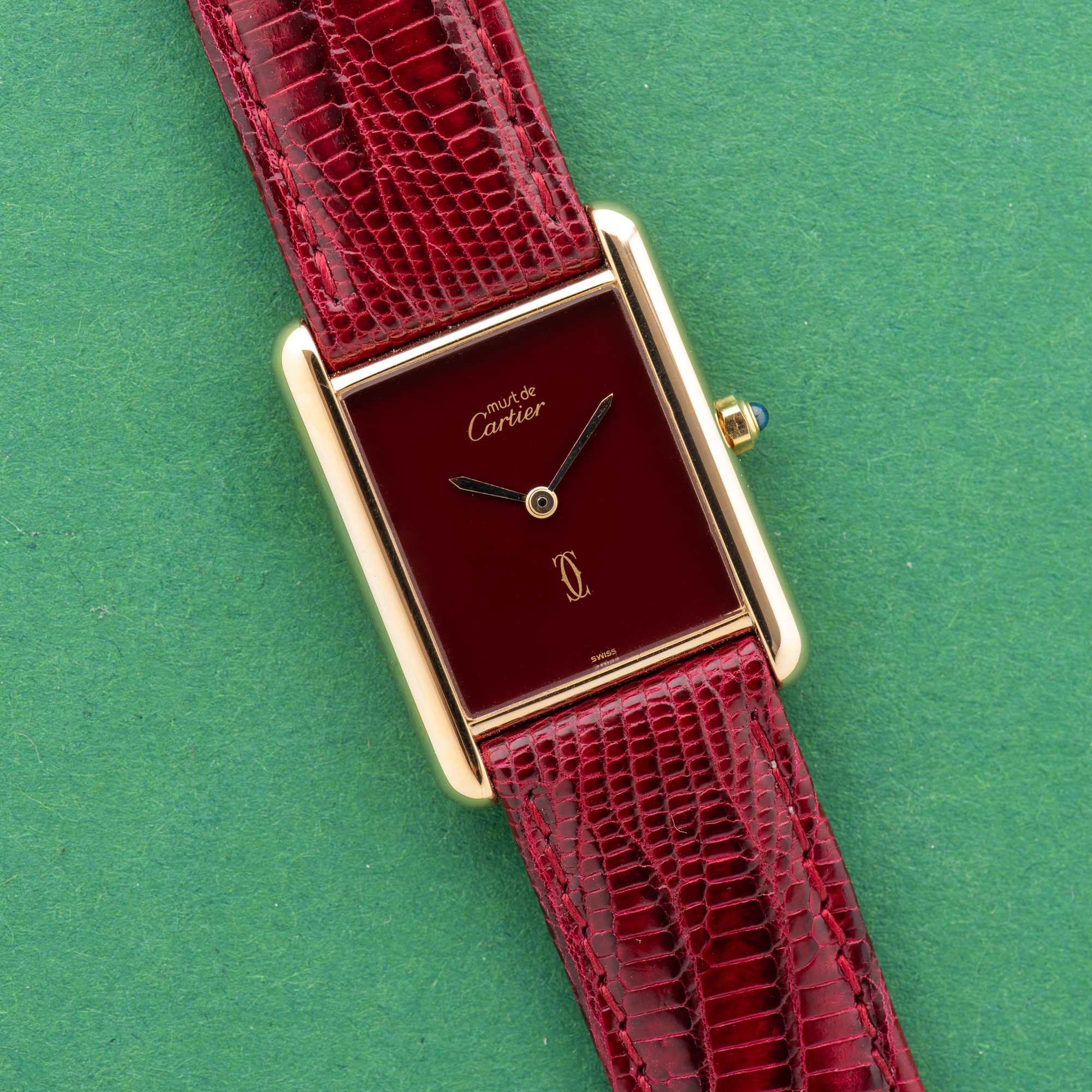 View of Cartier Tank De Must Vermeil Grand Model Bordeau Burgundy RedGM 1988 Ref 681006