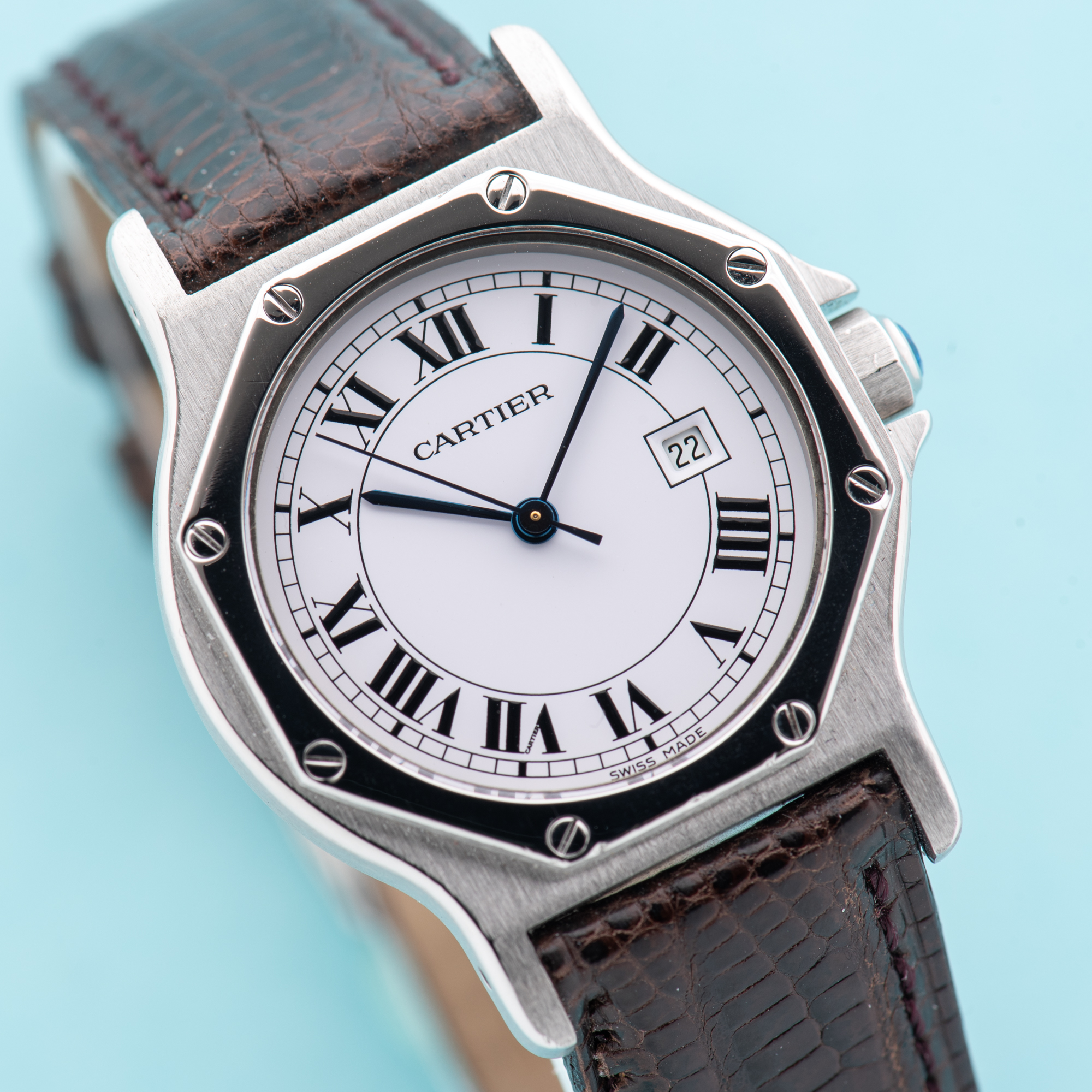 View of Cartier Santos Octagon Roman Dial Ref 2965