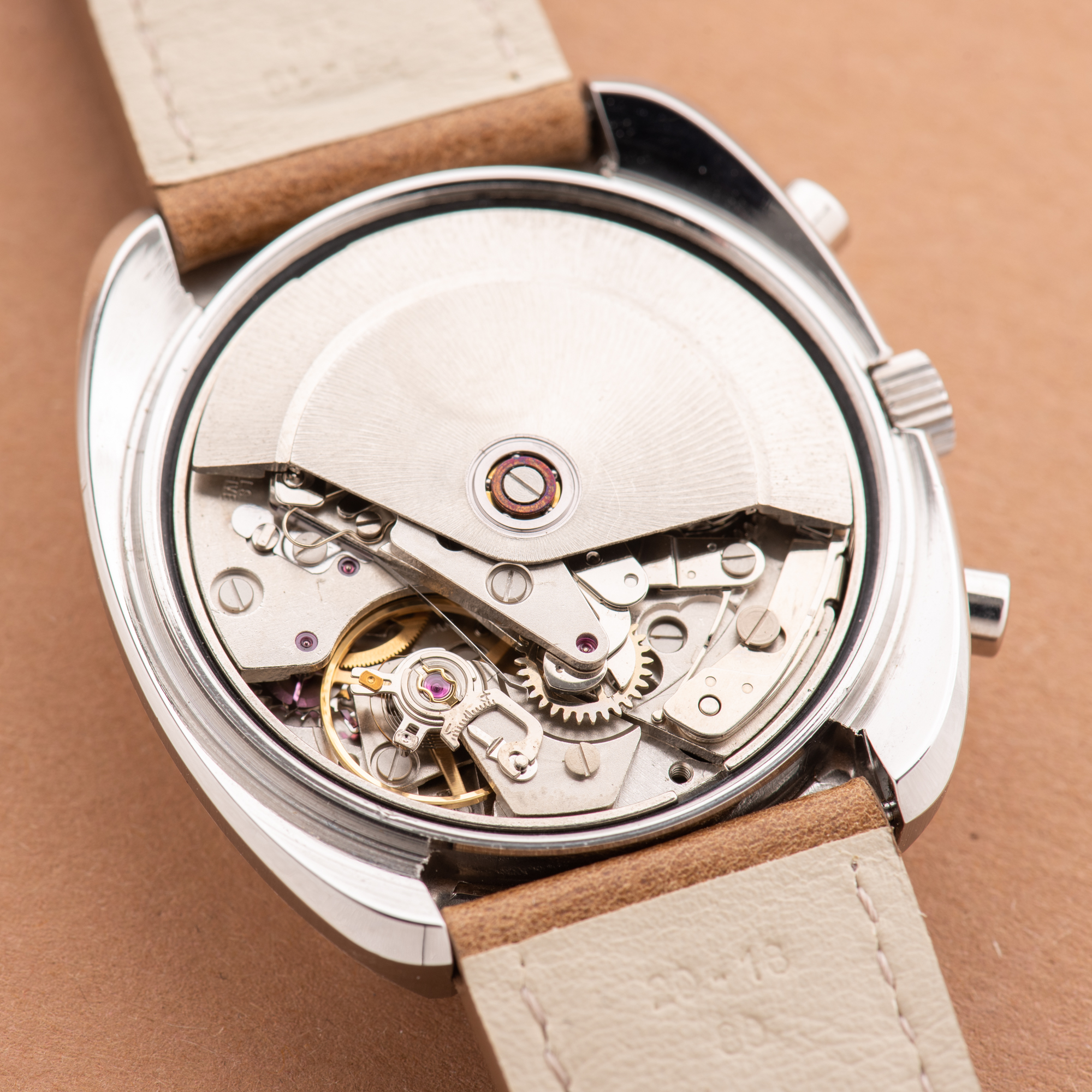 View of Orator Chronograph Day Date Valjoux 7750 Oversize 70s 80s Réf 64-76