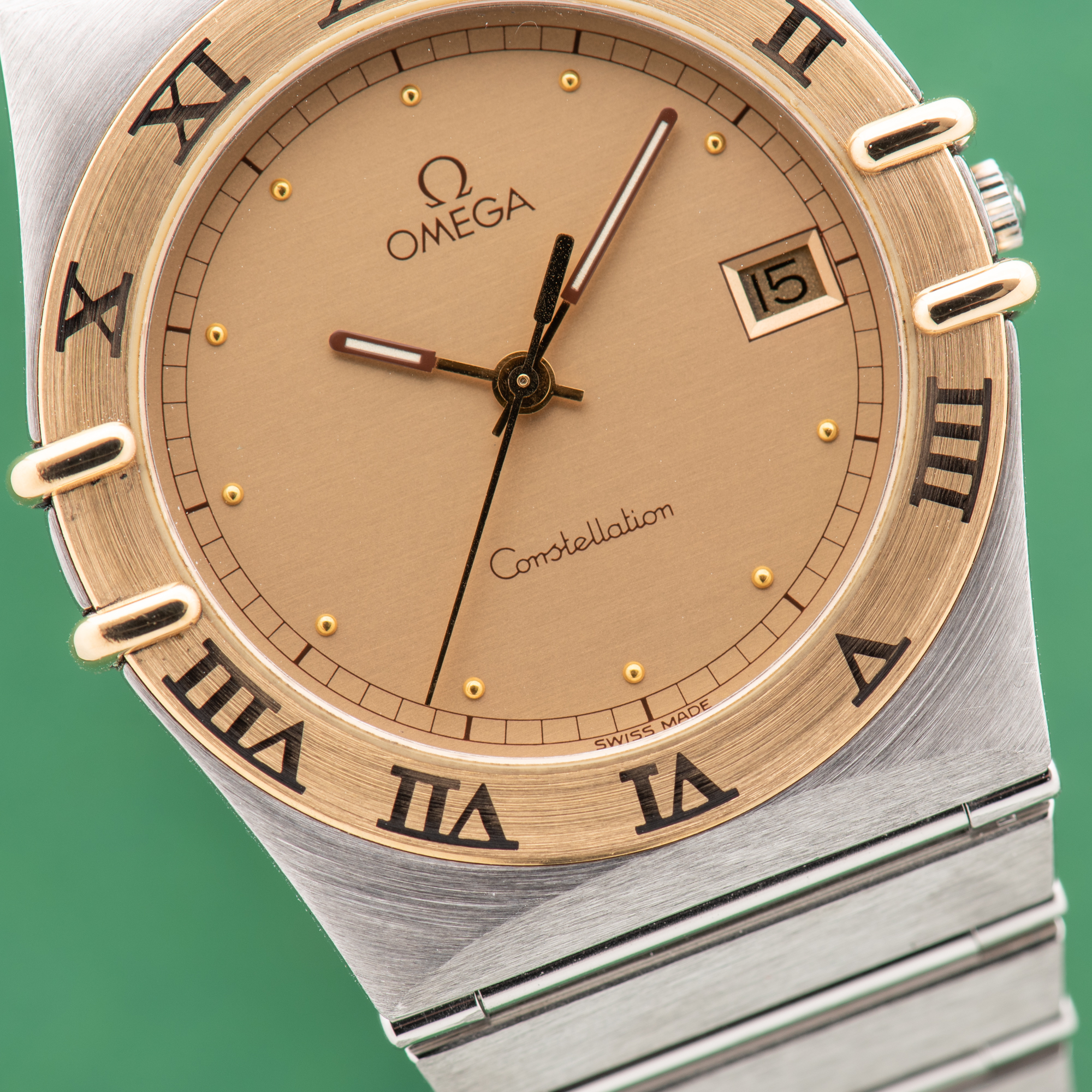View of Omega Constellation 18K Gold Bezel Date From 1991 Ref 396.1080 Full set