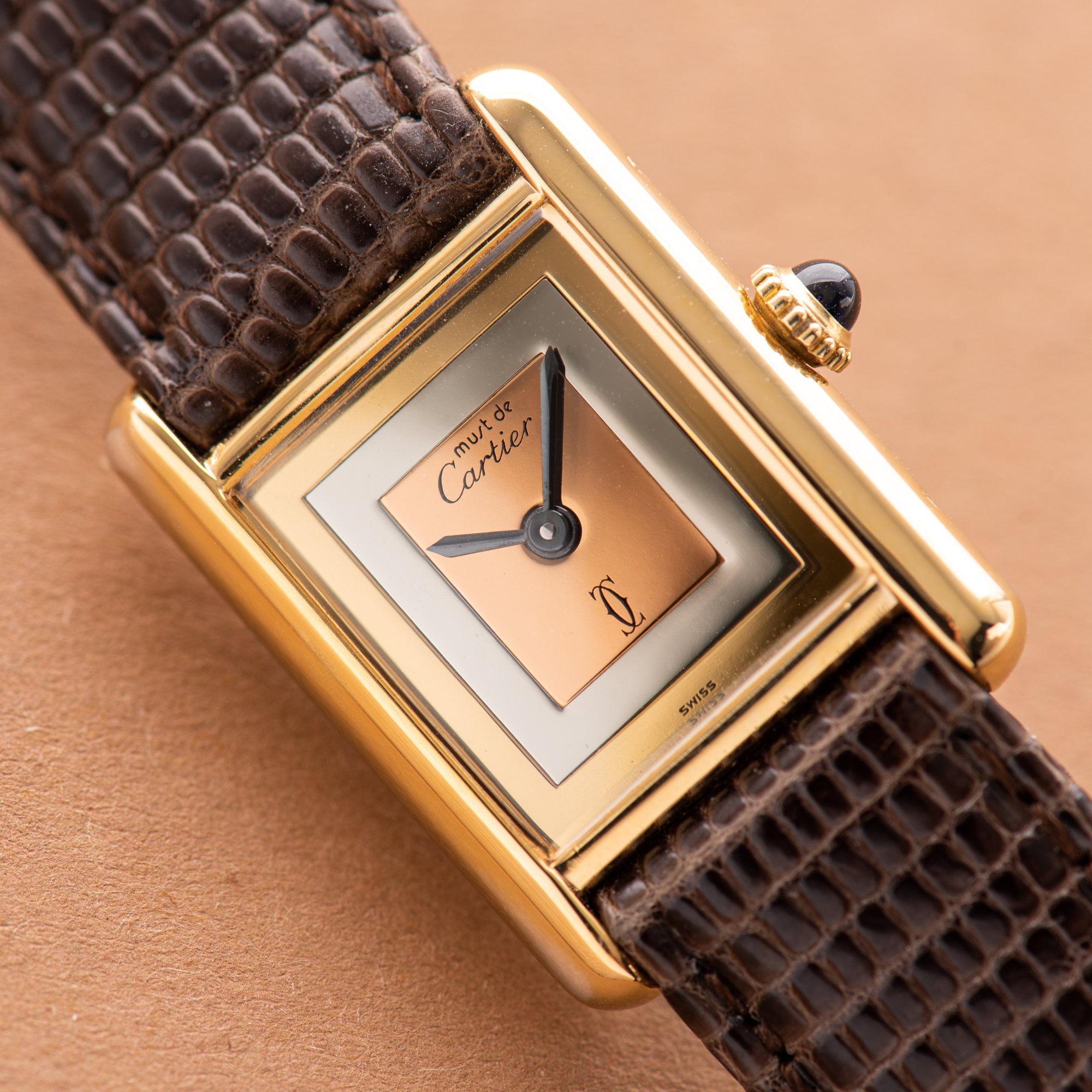 View of Cartier Must de Tank de Must Vermeil PM Trinity Dial
