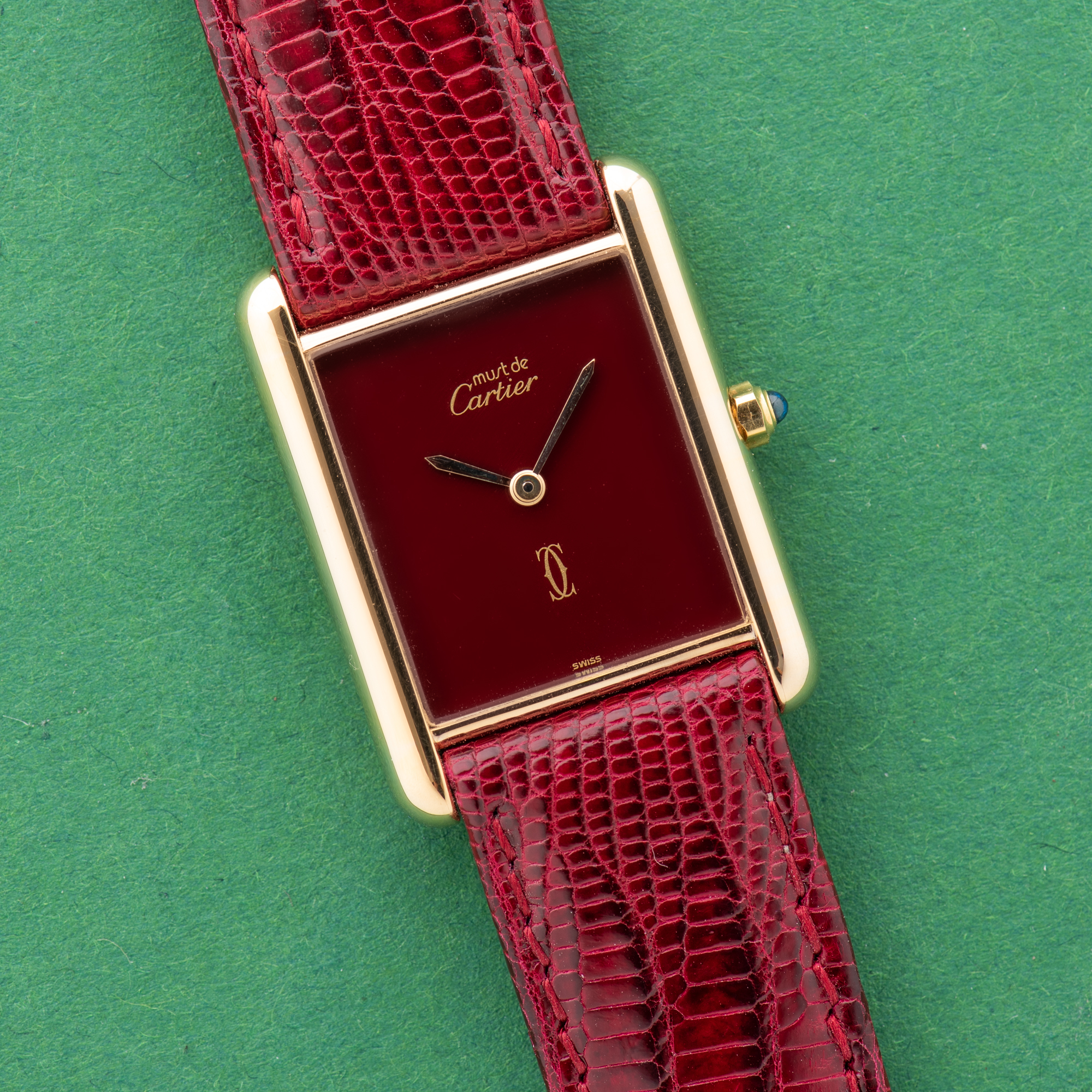 View of Cartier Tank De Must Vermeil Grand Model Bordeau Burgundy RedGM 1988 Ref 681006
