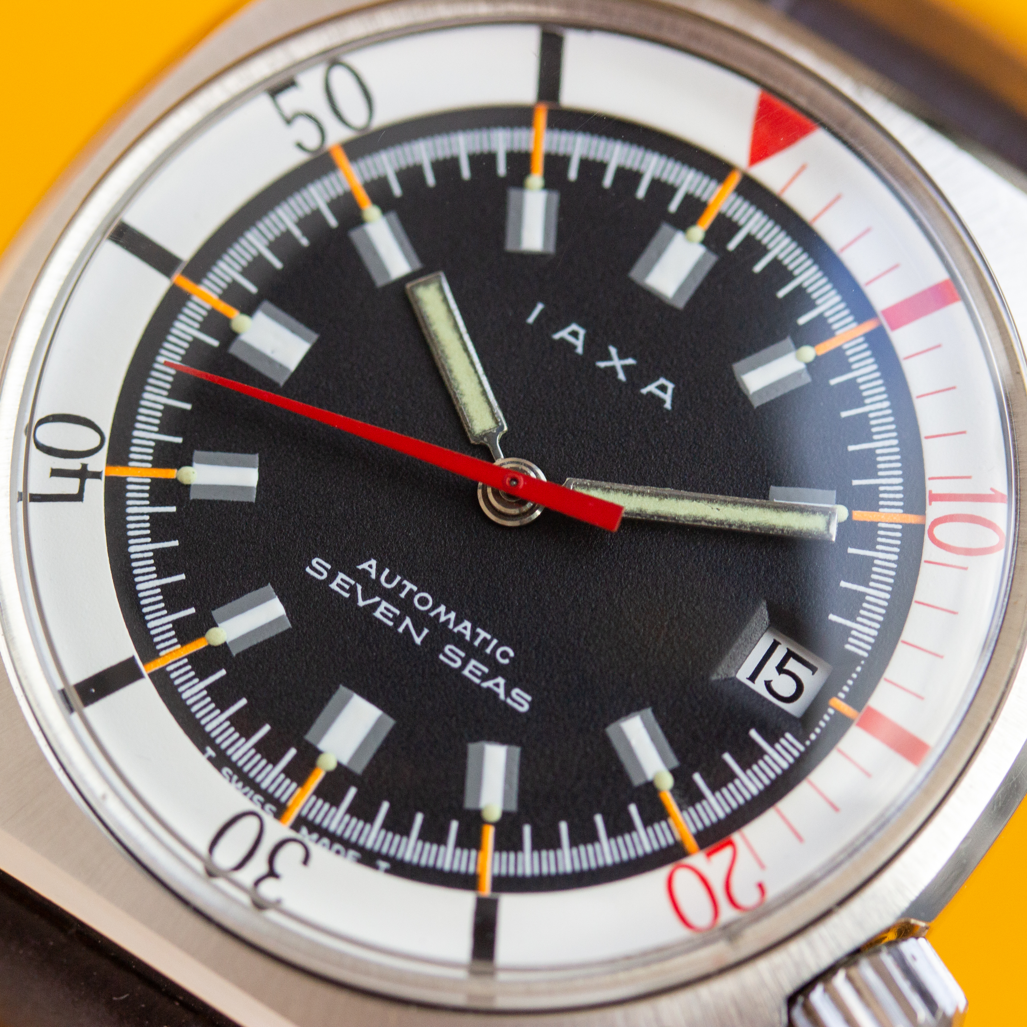 View of IAXA Seven Seas Automatic Super Compressor Diver Piquerez SA EPSA ref 7322