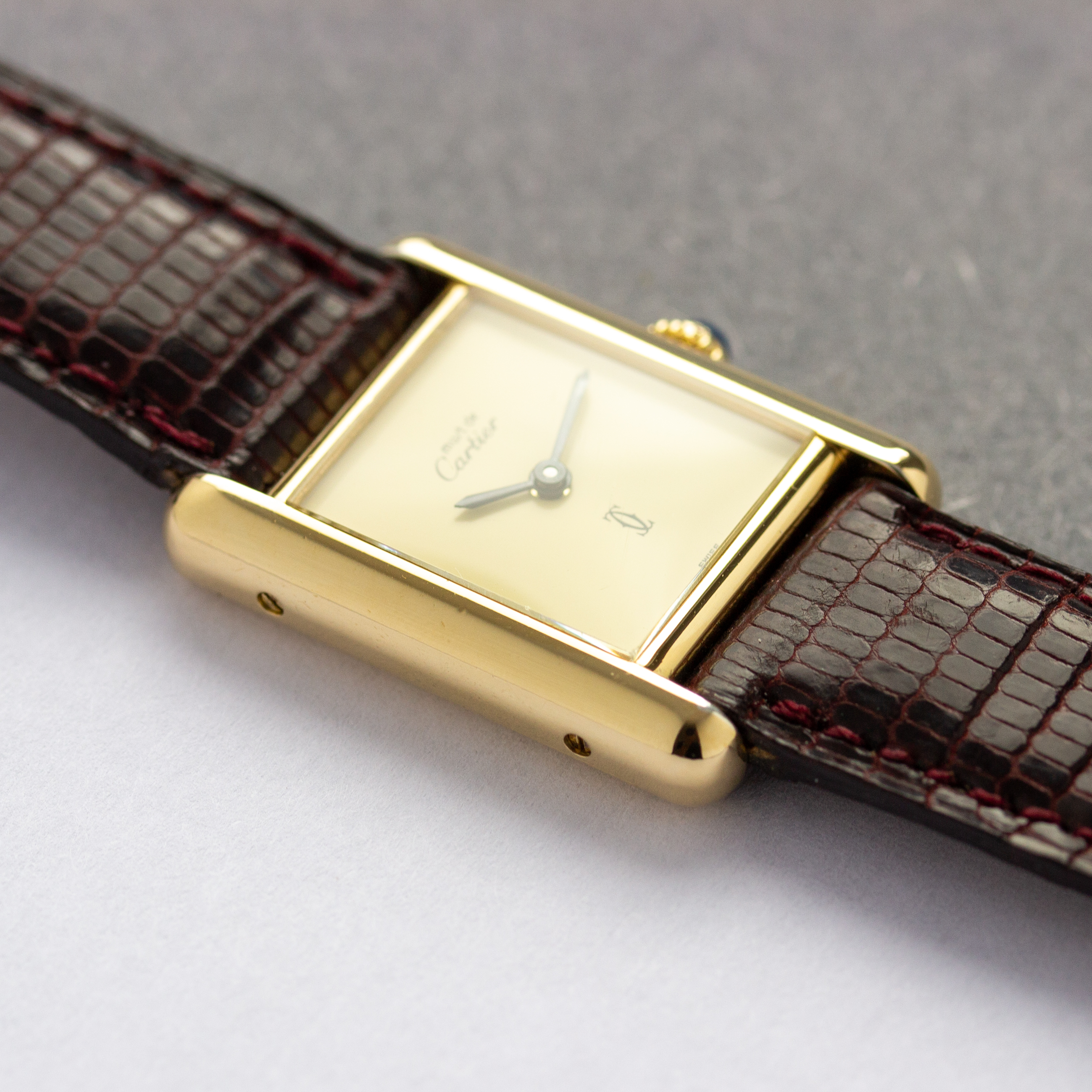 View of Cartier Tank Vermeil Full Set  Ivory Lemon Dial