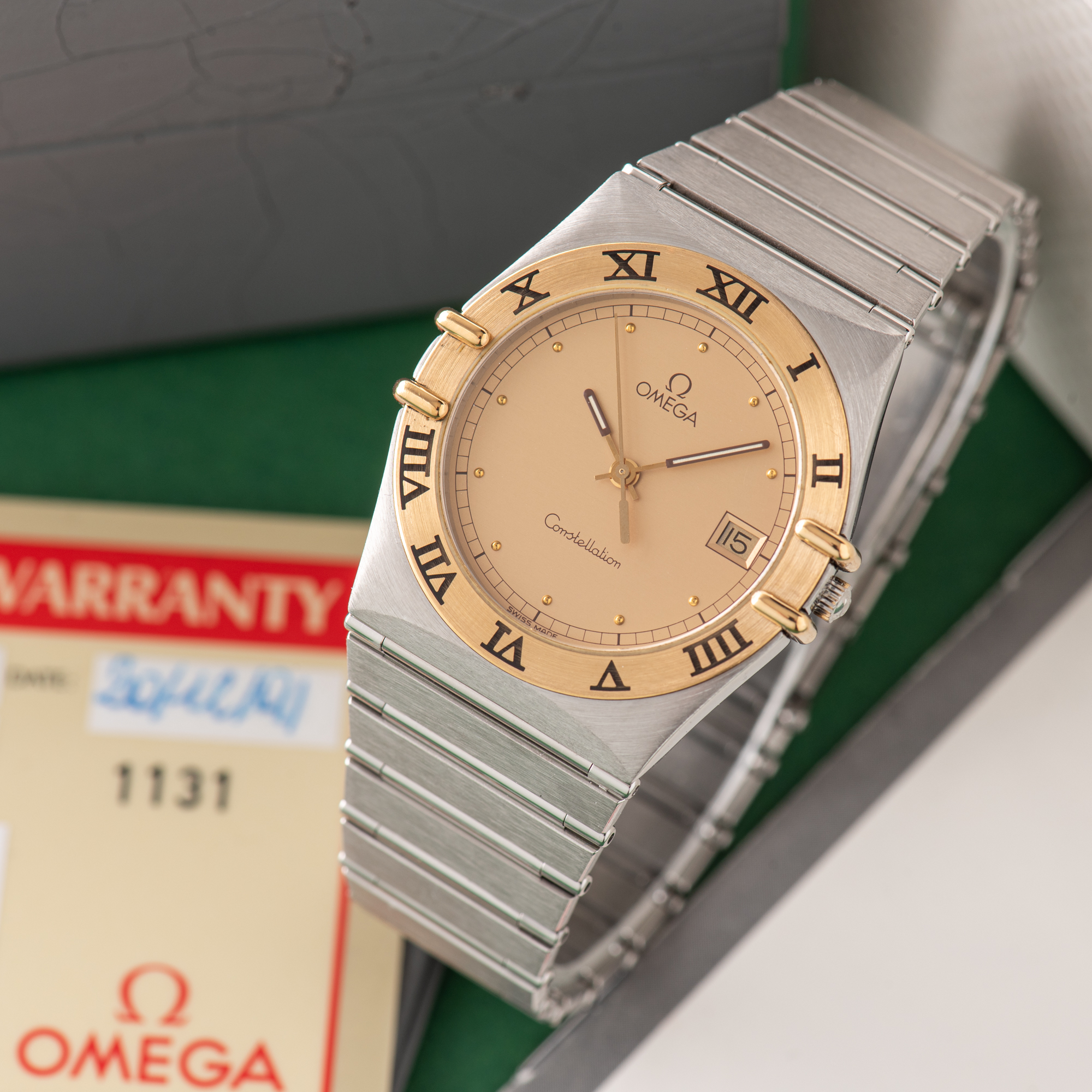 View of Omega Constellation 18K Gold Bezel Date From 1991 Ref 396.1080 Full set