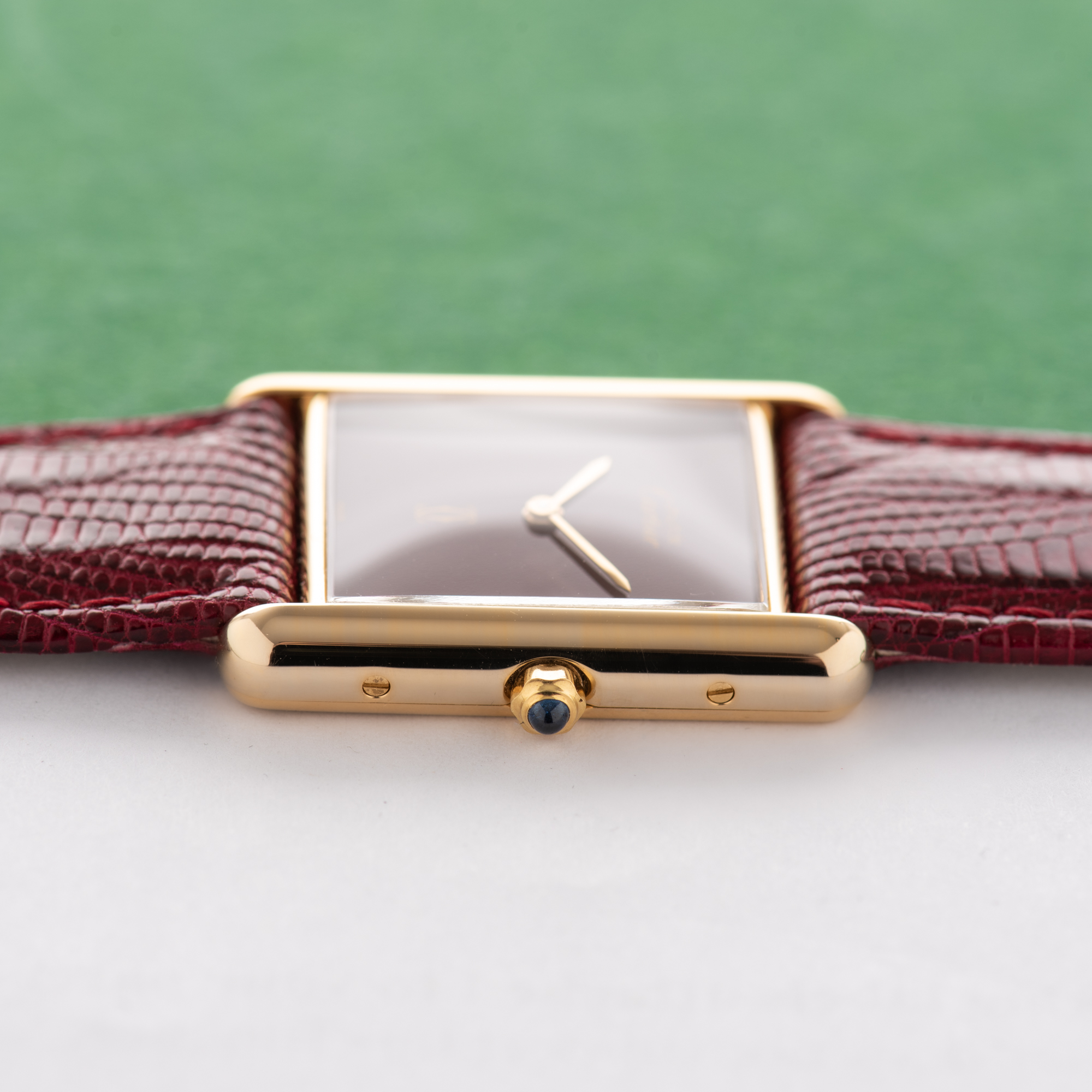 View of Cartier Tank De Must Vermeil Grand Model Bordeau Burgundy RedGM 1988 Ref 681006