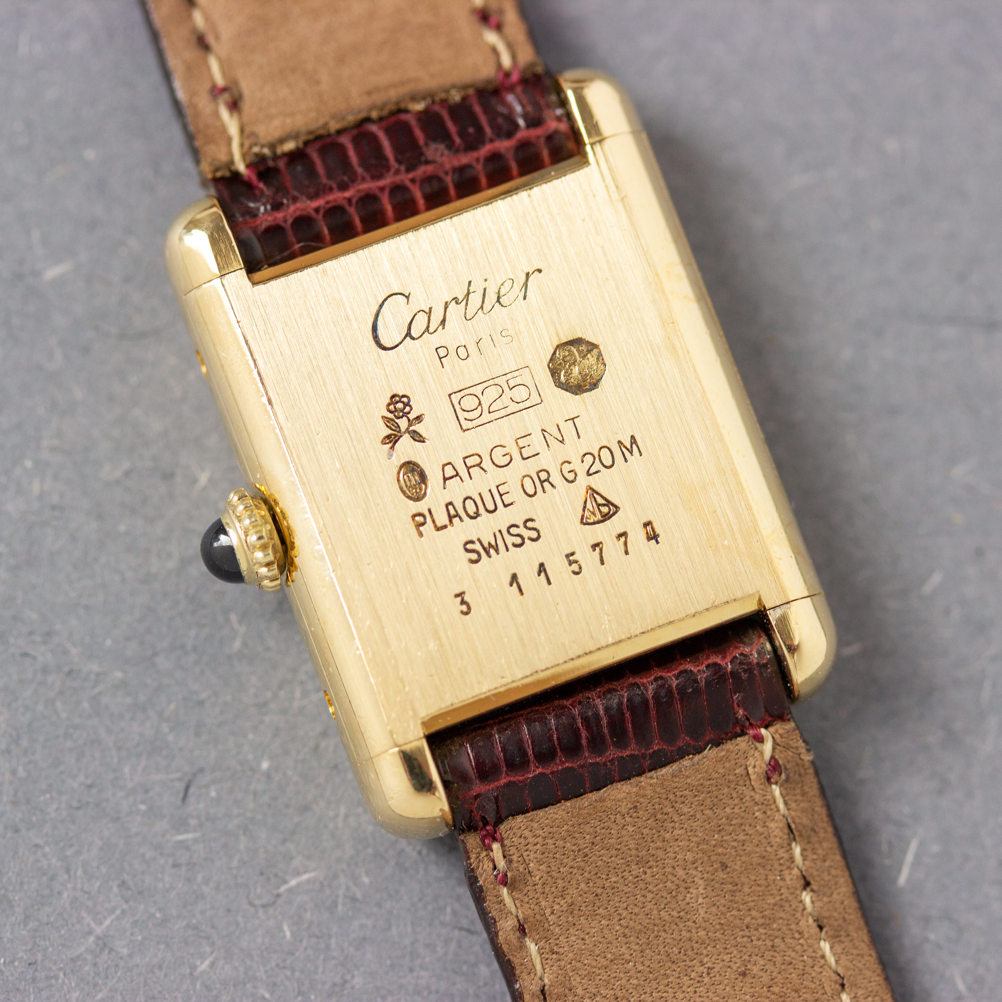 View of Cartier Tank Vermeil Full Set  Ivory Lemon Dial