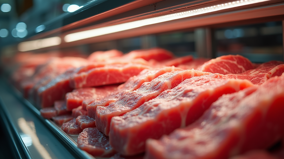 Close-up view of fresh meat cuts arranged in a refrigerated display