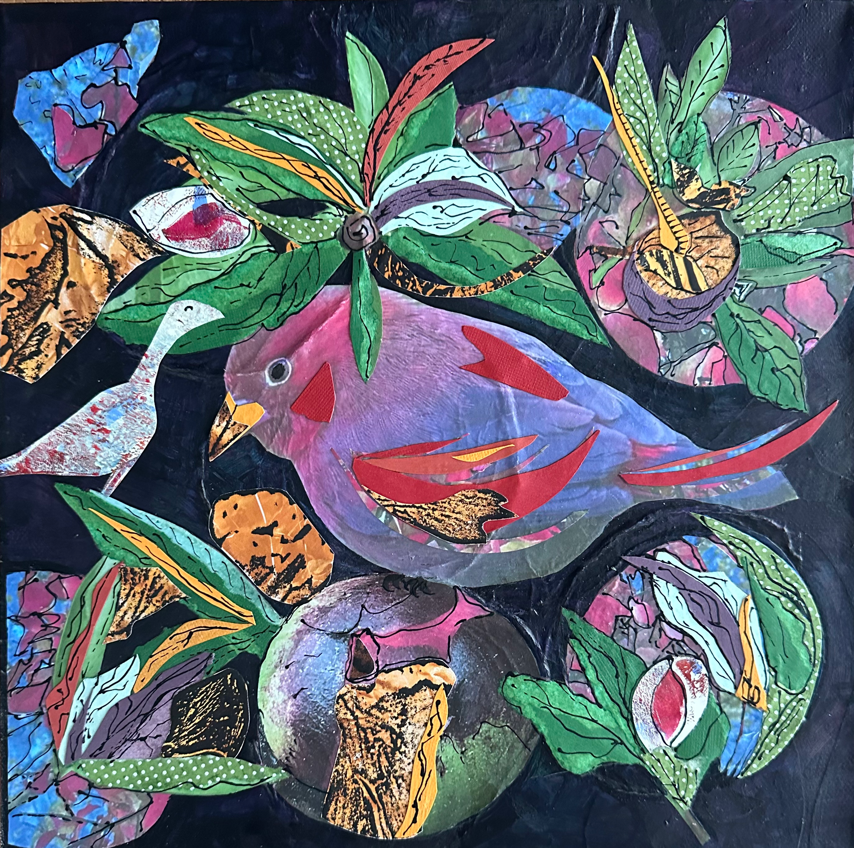 Stylized painting of a brightly coloured bird against a backdrop of foliage. Audrey Jolly, painting, art