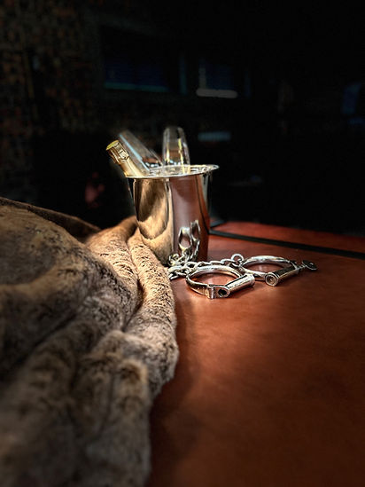 Silver cup, chains, and fur on table