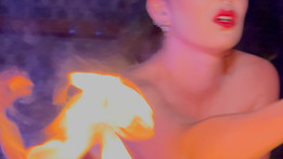 Woman near fire, red lips