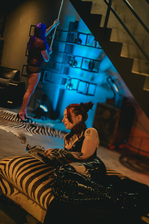 Woman on zebra print in adult playroom