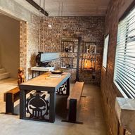 Rustic dining area with metal table