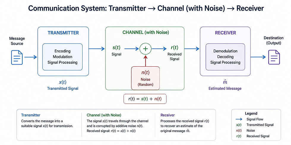Transmitter, Channel, Receiver in a Communication System