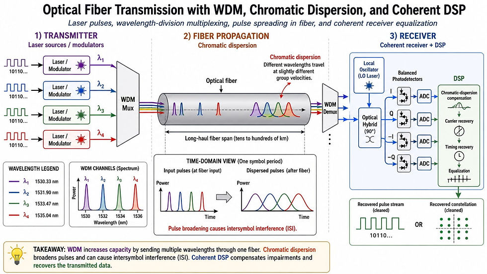 Optical Fiber Transmission with WDM, Chromatic Dispersion and Coherent DSP