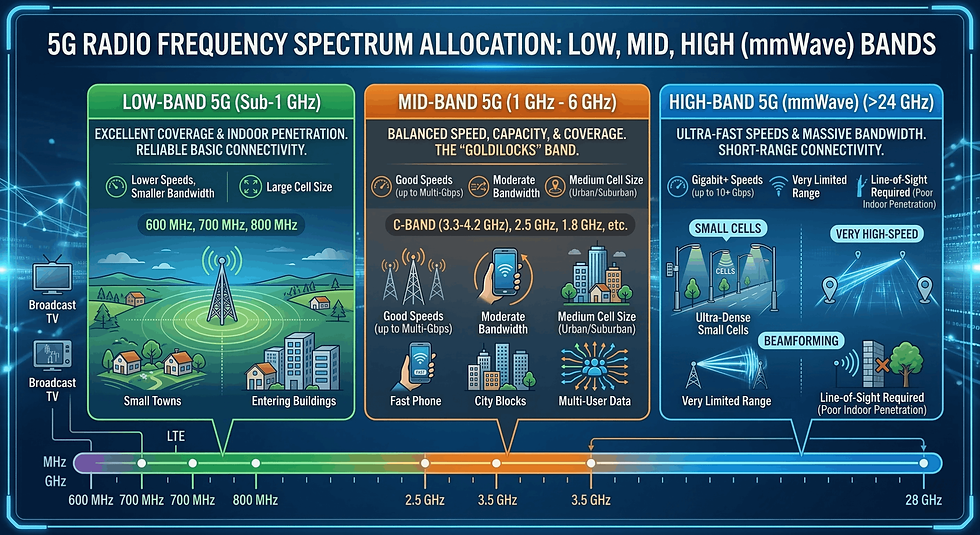 Radio spectrum diagram showing low band, mid band, and mmWave frequencies used in 5G