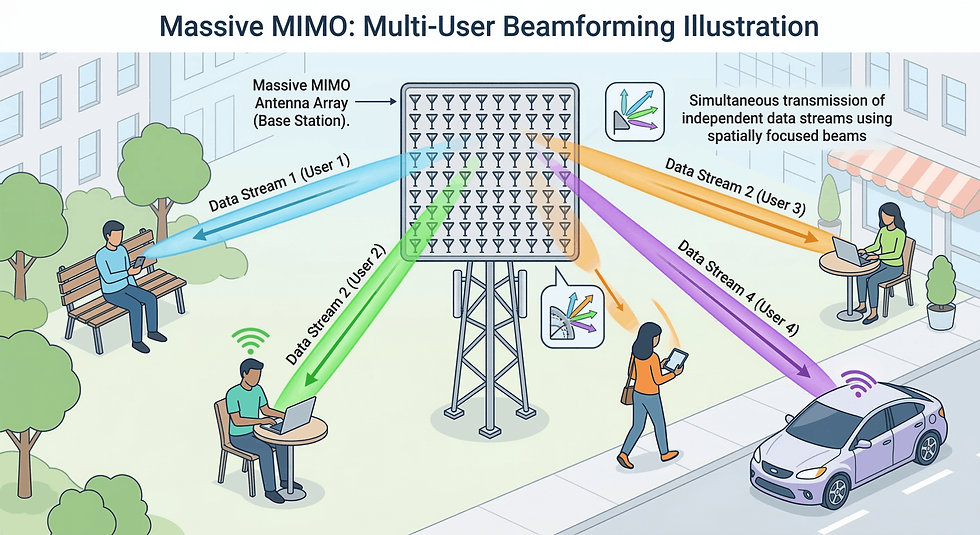 Massive MIMO antenna array transmitting multiple data streams to users