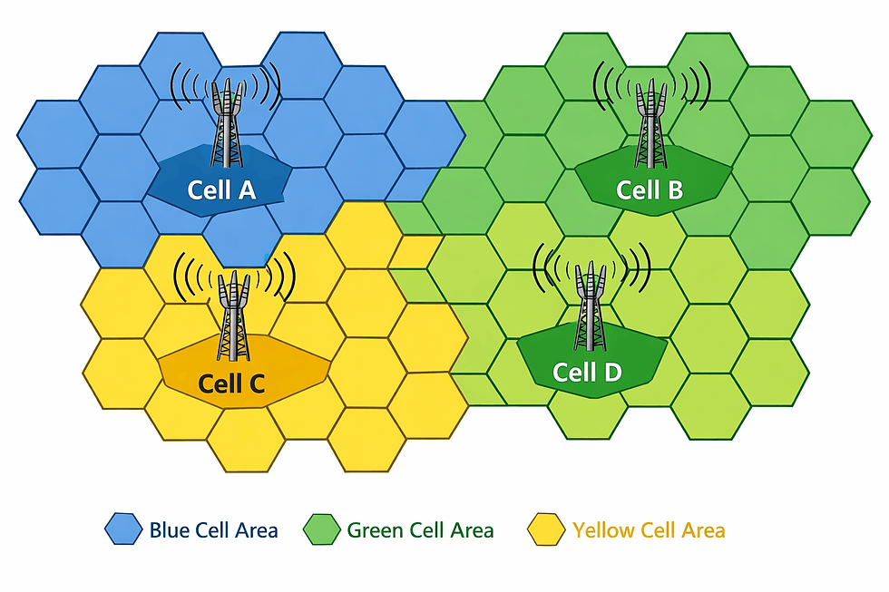 Hexagonal cells with towers covering different areas